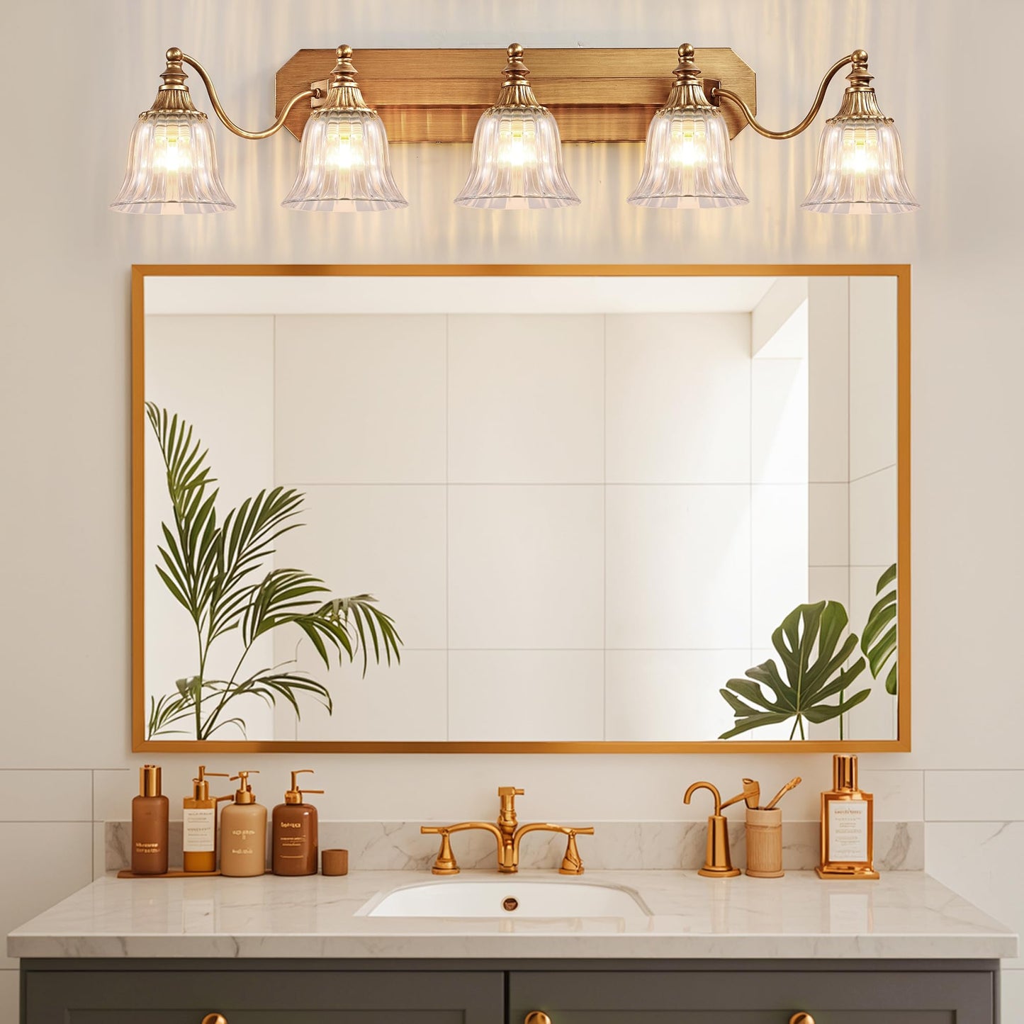 Dvmteom Gold Vintage Bathroom Light Fixtures  5-Lights Bathroom Vanity Light  Antique Brushed Gold Lighting Fixtures Over Mirror With Crystal Glass Shade  Wall Sconce Lighting