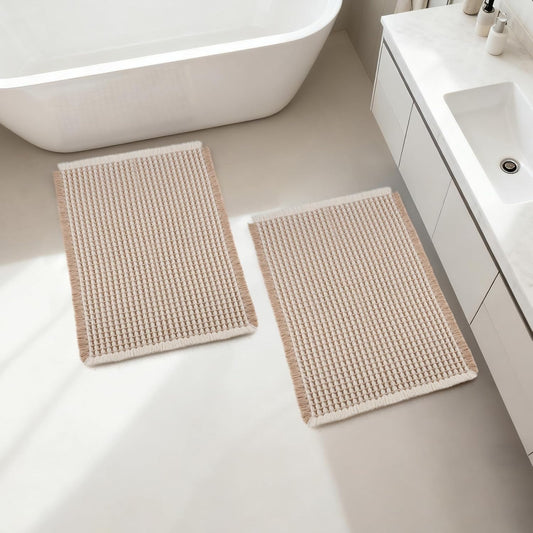 ArtyCozy Waffle Bath Mat Set of 2, Super Absorbent Soft Non-Slip Boho Bath Rugs with Flat-Woven Hot Glue Backing for Bathroom, Machine Washable Bath Mats, 17" × 24" Plus 17" × 24", Brown & White