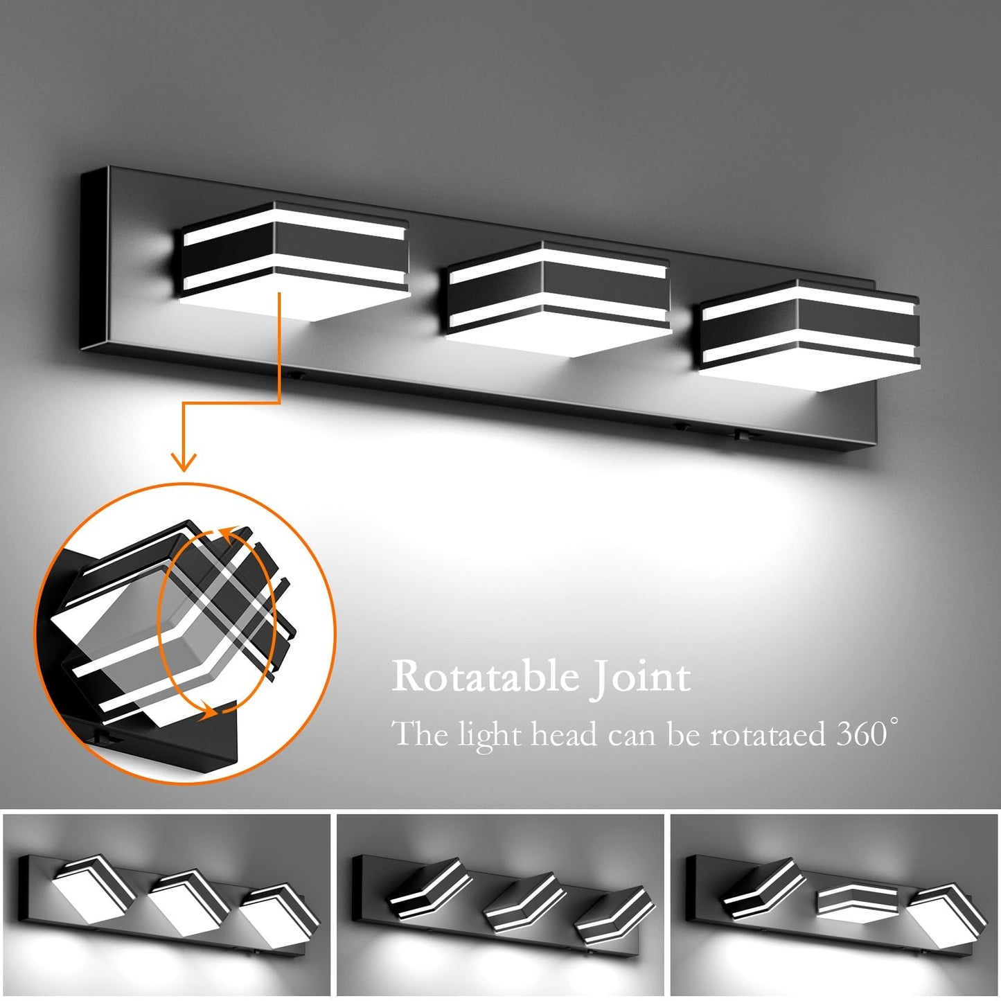 Ralbay 24Inch Black Bathroom Vanity Lights With 5 Color Temperatures (3000K-6000K) Dimmable Modern Metal Acrylic Led Matte Black Bathroom Wall Lighting Fixtures (3-Light)