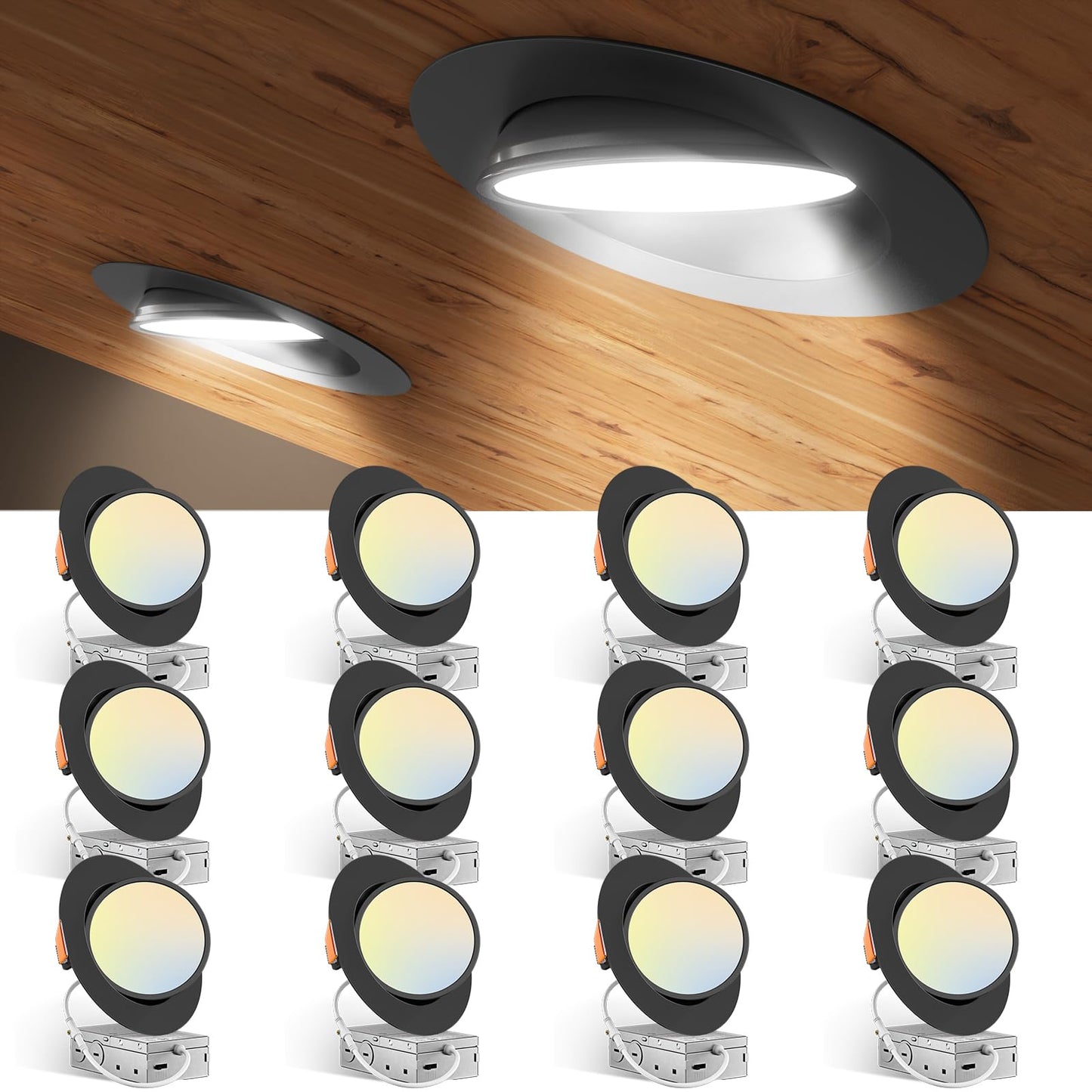 Amico 12 Pack 6 Inch 5Cct Gimbal Led Recessed Lighting  360&90Adjustable Eyeball Directional Downlight  Dimmable  2700K/3000K/3500K/4000K/5000K Selectable  12W 1200Lm Cri90+  Black  Etl&Fcc