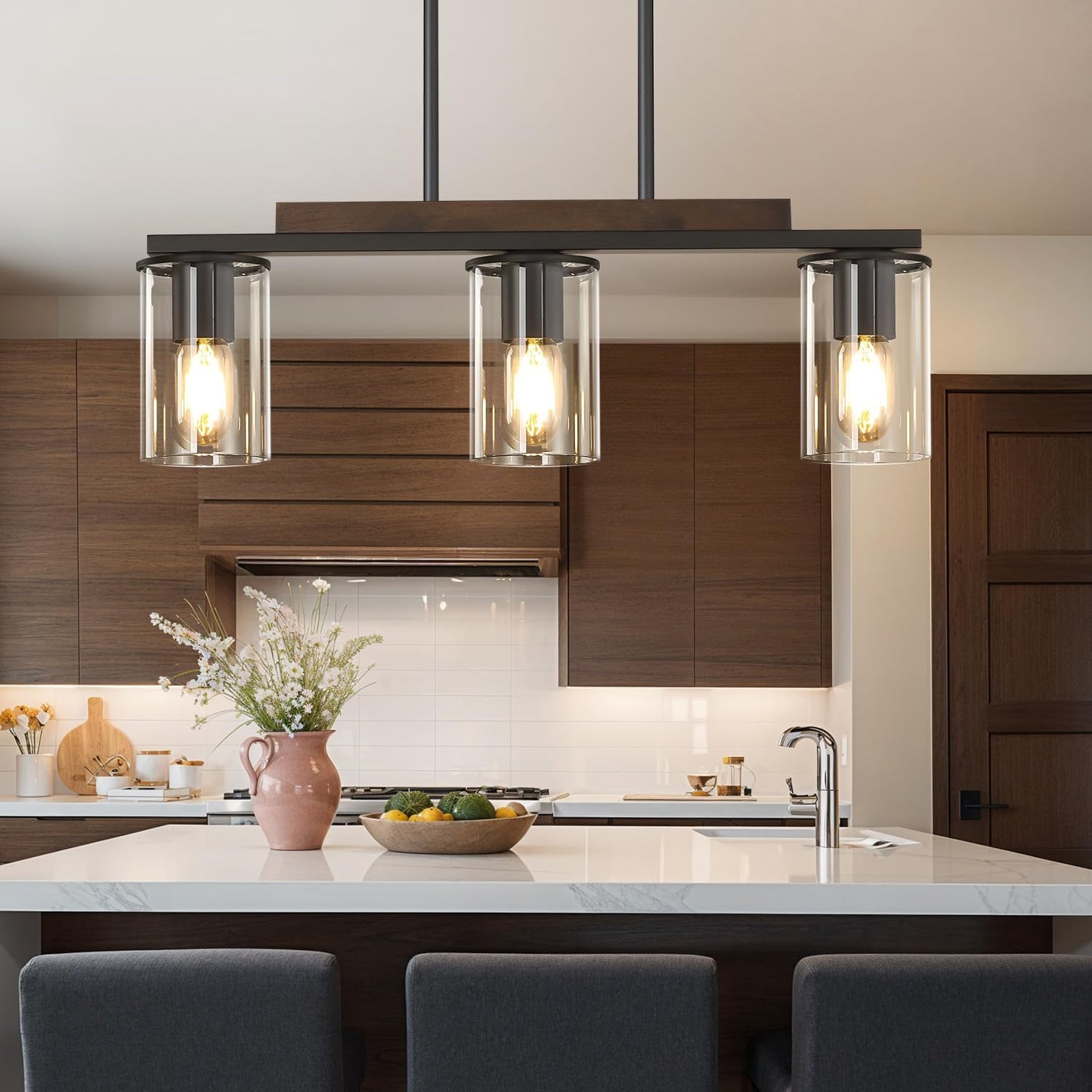 Mecgirn Farmhouse Dining Room Light Fixtures Over Table  Black Pendant Lights For Kitchen Island  3 Light Linear Chandelier Lighting With Wood