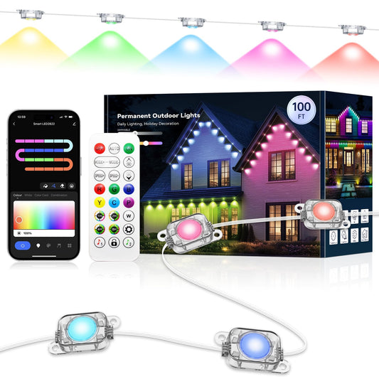Lemonlovely Permanent Outdoor Lights Pro 100Ft With 50 Smart Ic+Rgbcw Christmas Halloween House Lights With Warm/Cool/Nature White Leds  Ip67 Waterproof For Holiday Daily Decor Accent Lighting