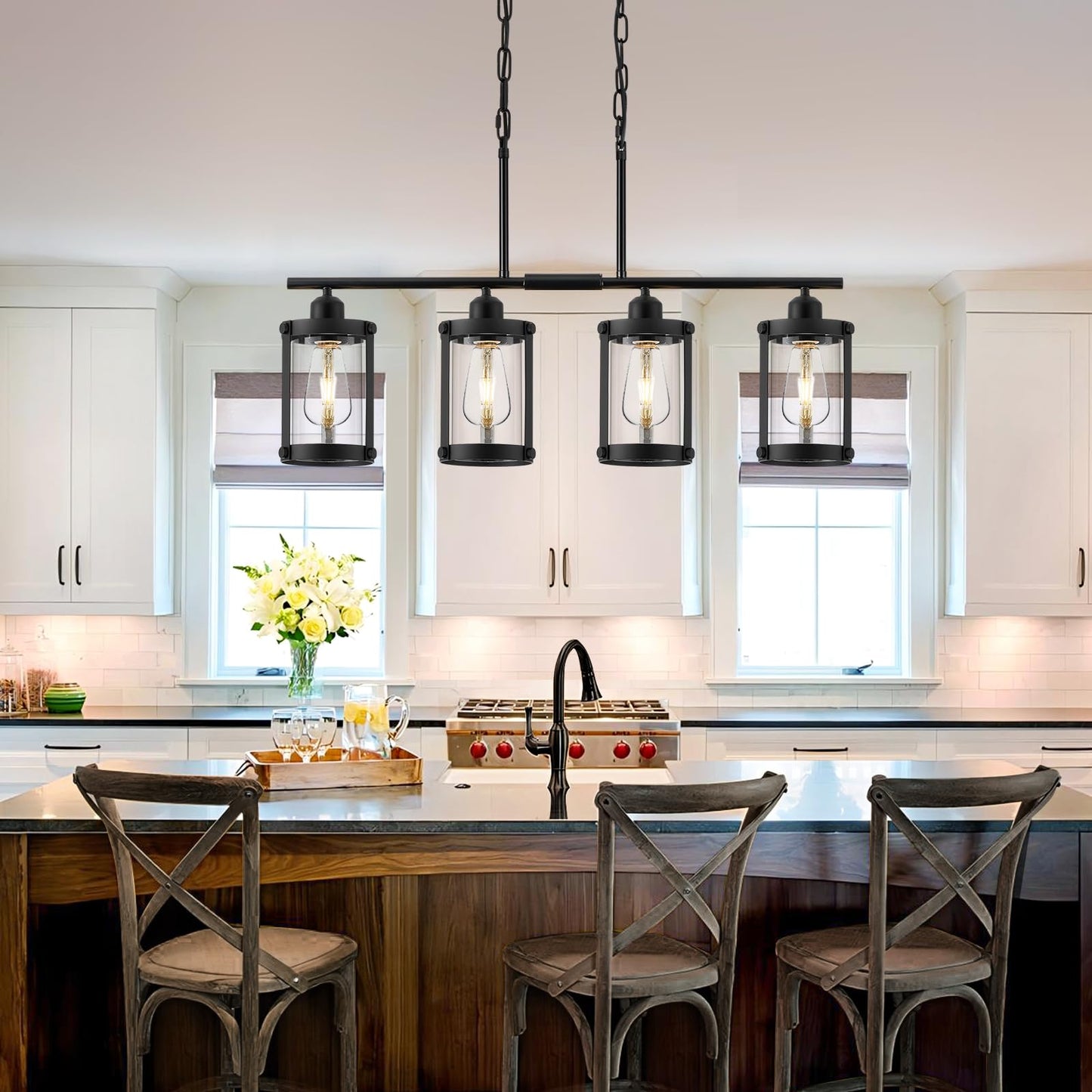 Osimir 4-Light Kitchen Island Lighting  Black Linear Dining Room Light Fixtures With Clear Glass And Chain  Modern Farmhouse Chandelier Pendant Light For Kitchen Island Dining Room  Os-3014-4Isbk