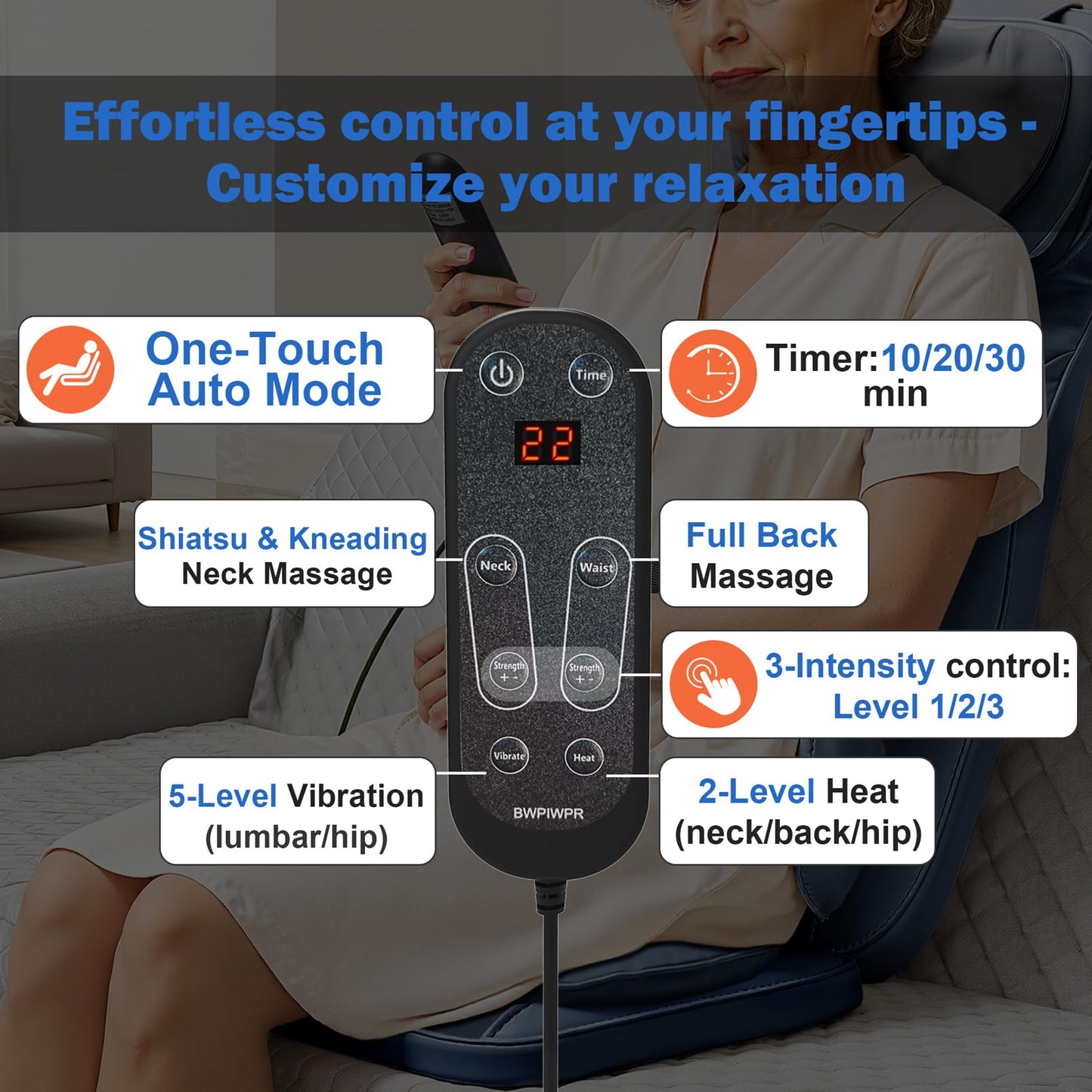 BWPIWPR Shiatsu Massage Cushion for Neck and Back with Heat - 4D Kneading, Vibration for Relief Muscle Tension, Dual-Neck Design, Adjustable Intensity and Height for Office Chair, Home Use, Navy Blue