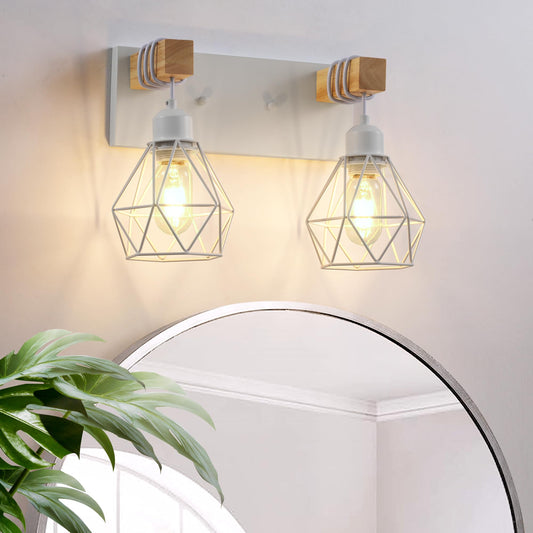 Farmhouse Vanity Light For Bathroom  2-Light White Wood Bathroom Vanity Light Fixtures Over Mirror  Rustic Sconces Wall Lighting With Metal Lampshade For Living Room  Bedroom  Hallway