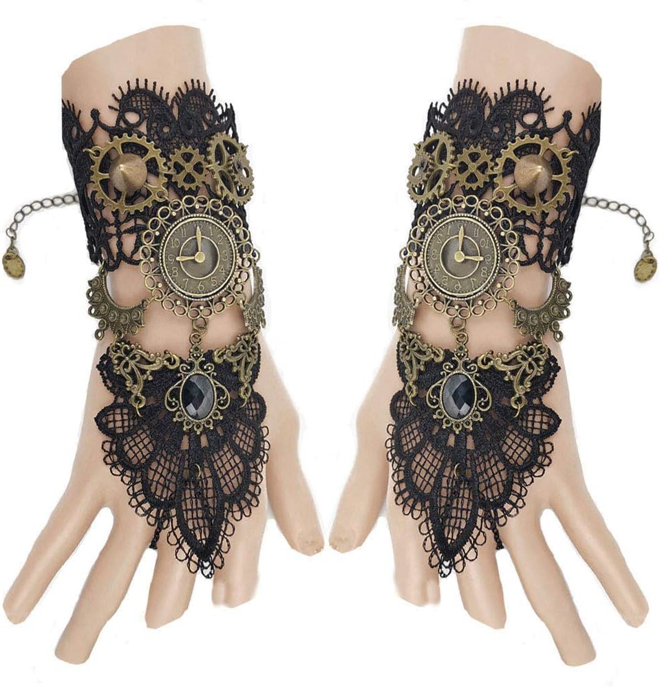 Juland Fingerless Gloves Gothic Floral Lace Steampunk Wristband Clock Vintage Gear Gloves Bridal Bracelet Rhinestone Ring Set - 1 Pair -S392