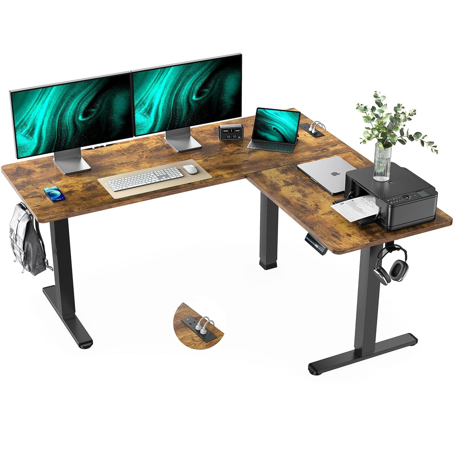 Marsail 63×55 in Electric Corner L-Shaped Standing Desk with 4-in 1 Electical Outlet, Computer Desk with Headphone Hook, Memory Sit Stand up Home Office Table, Ergonomic Gaming Table,Brown