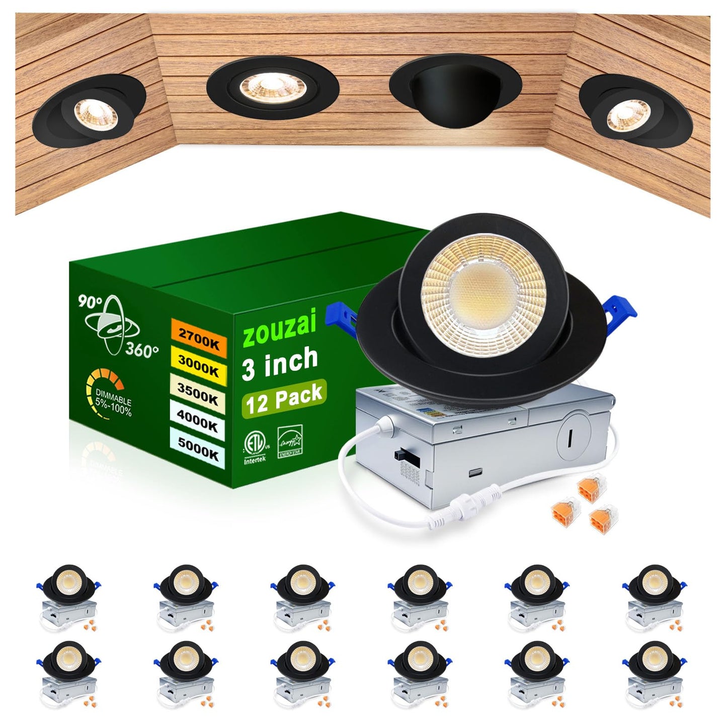 Zouzai 12 Pack 3 Inch Black Adjustable Gimbal Led Recessed Light  360 Rotation & 90 Tilt For Precise Lighting  5Cct Dimmable Eyeball Light With Junction Box  Etl & Energy Star