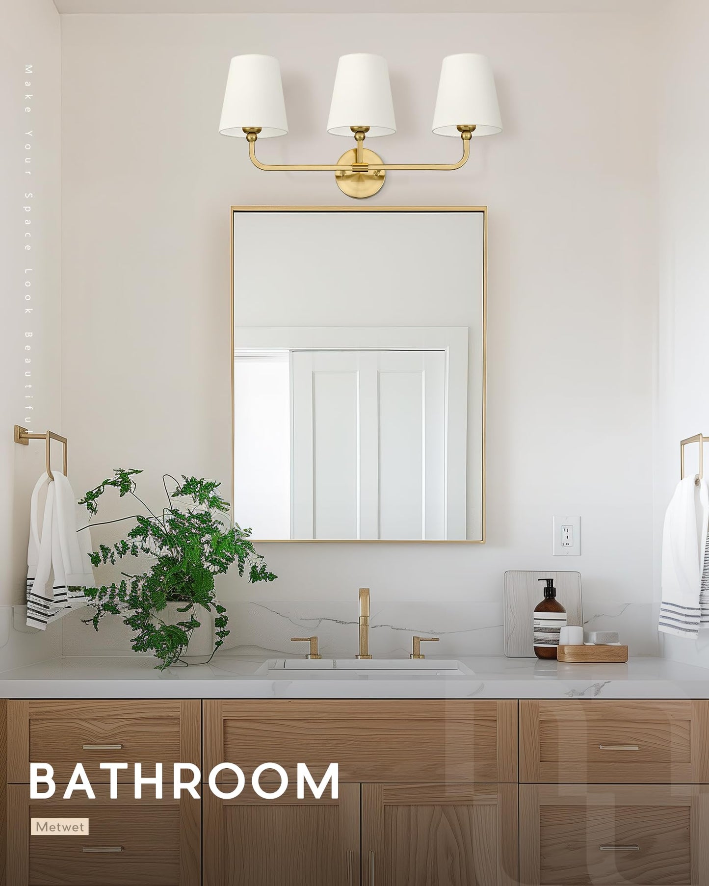 Metwet Bathroom Light Fixtures  Brushed Gold Vanity Lights With Beige Fabric Shade  3-Light Wall Sconce  Modern Sconces Wall Lighting For Hallway Bedroom  Vl837-Bg-B-3