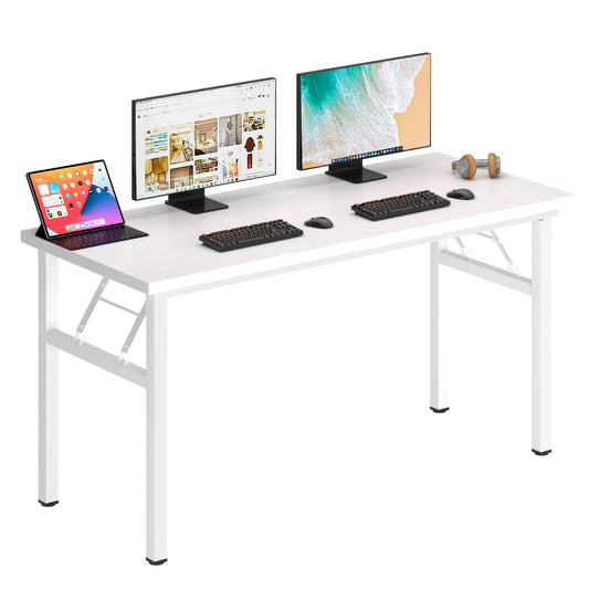 DlandHome Computer Desk 62 inches Office Desk Computer Table Study Writing Desk Workstation for Home Office Metal Frame No Install Needed White and White