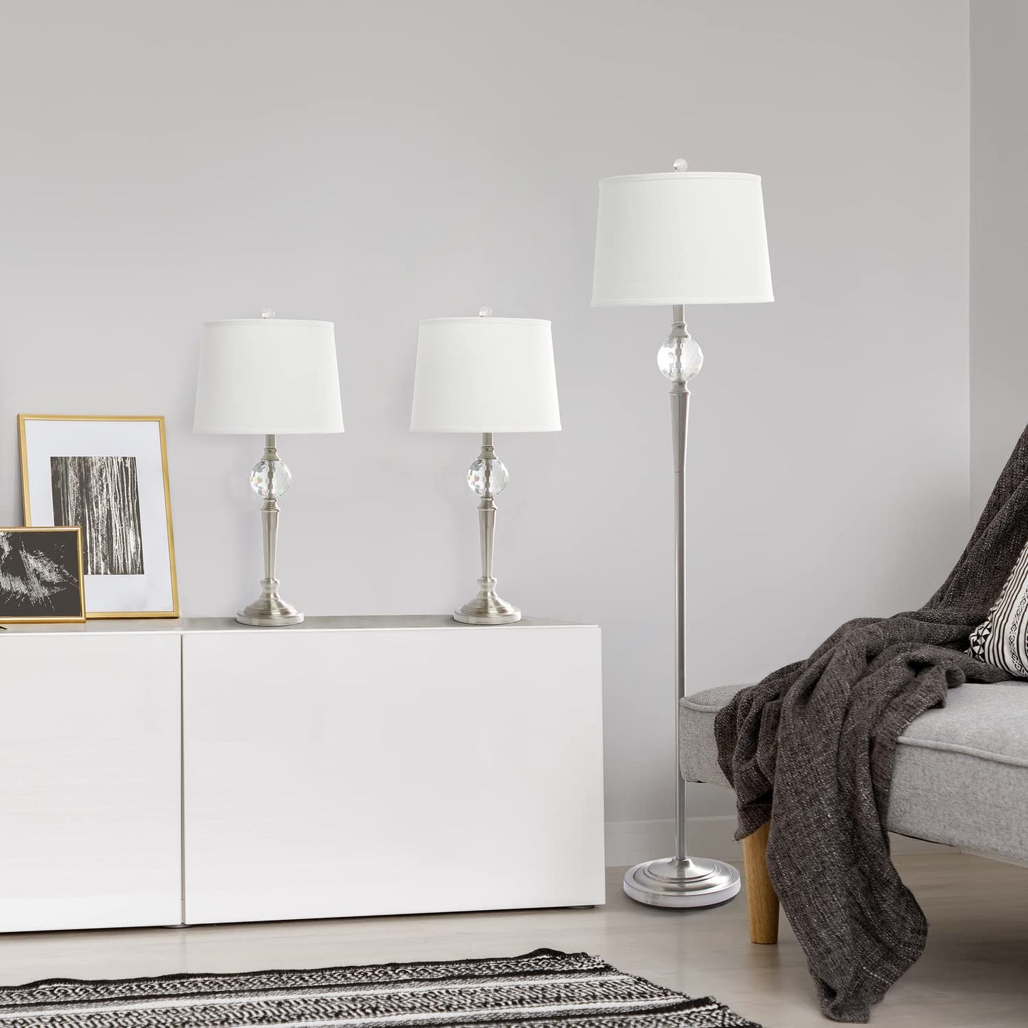 Elegant Designs LC1021-BSN Table Lamp Set, 3 Pack, Brushed Nickel, Crystal Accented Base, 2 Table Lamps & 1 Floor Lamp