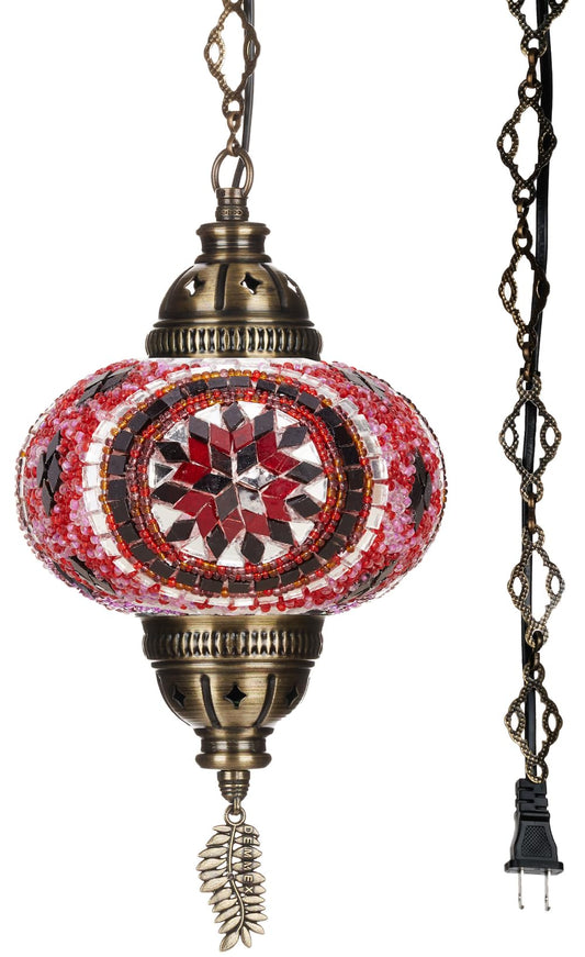 DEMMEX Plug-in Pendant Light – Handcrafted Glass Mosaic Fixture, Vintage Tiffany Style, 15ft Cord, Pink - Red, Model: DEMMEXSWAG1