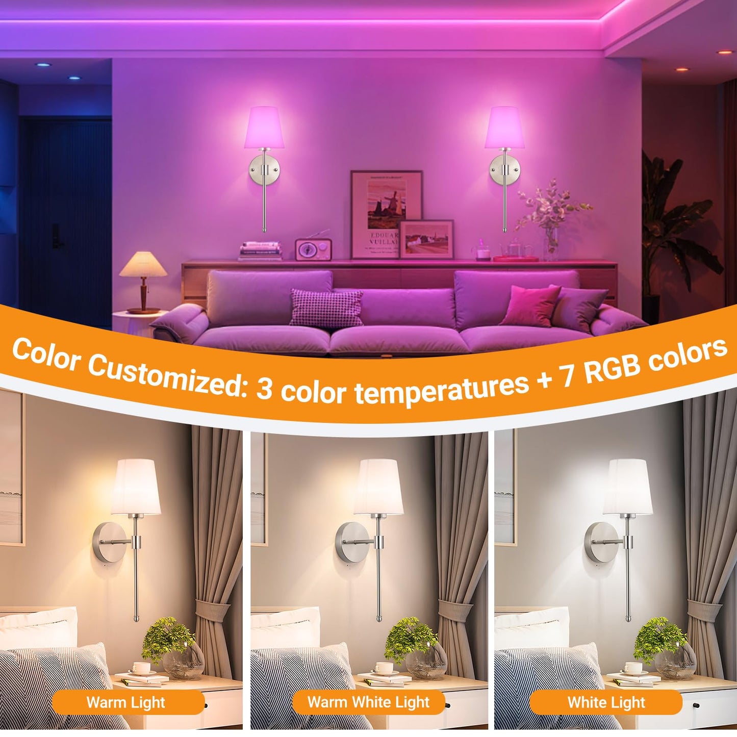Battery Operated Wall Sconces Set Of 2  Wireless Battery Wall Light With 10000Mah Rgb Rechargeable Magnetic Bulb  Rechargeable Wall Sconce With Remote Control For Bedroom  No Electrician Required