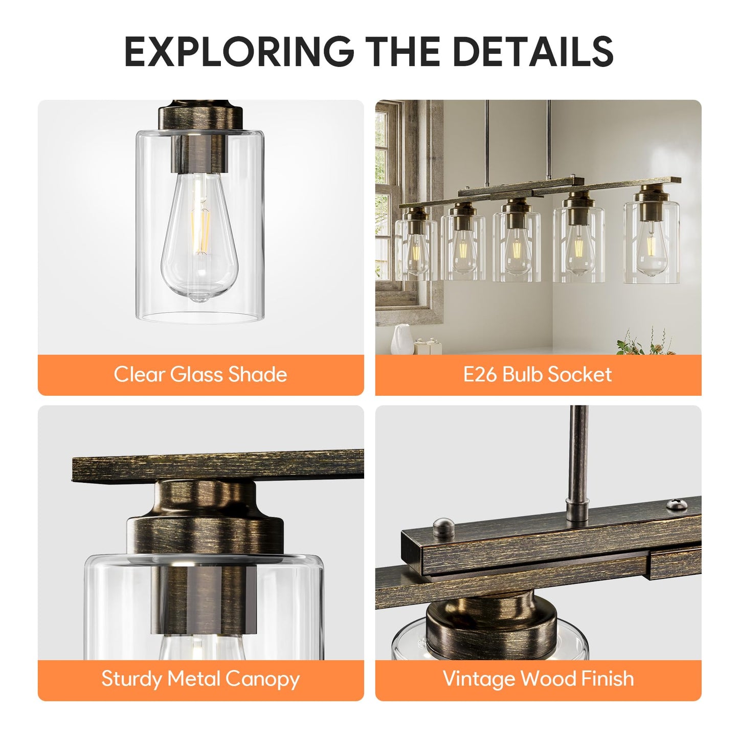 Vonluce Kitchen Island Lighting  5-Light Dining Room Light Fixture Over Table With Glass Shade And Adjustable Rods  Farmhouse Linear Chandelier For Kitchen Living Room  Antique Black  Etl Certificated