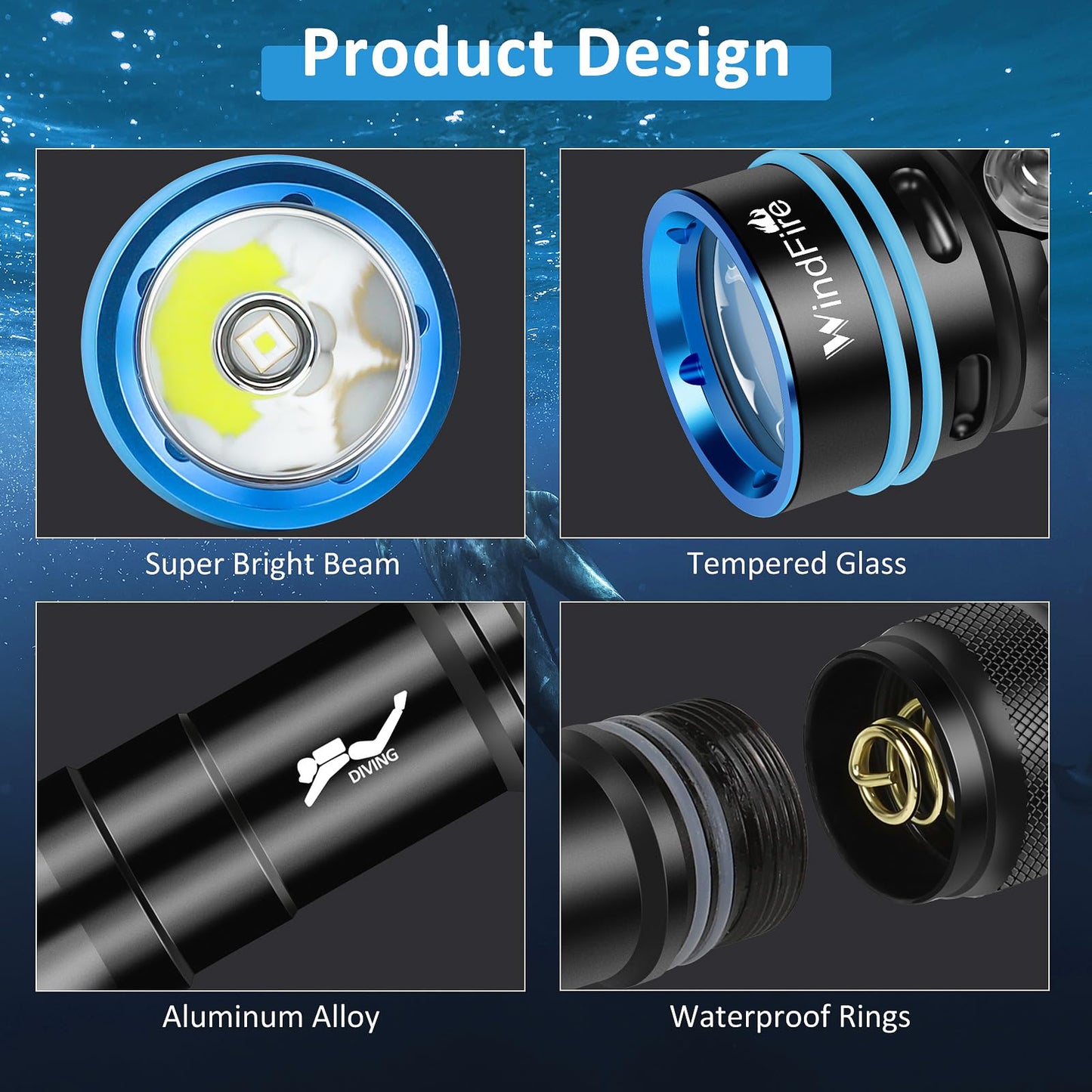 Windfire Dive Light - Super Bright Rechargeable Diving Flashlight With 4 Modes & Power Indicator  Narrow Angle Focused Beam  Waterproof Torch For Snorkeling  Scuba Diving & Underwater Exploration