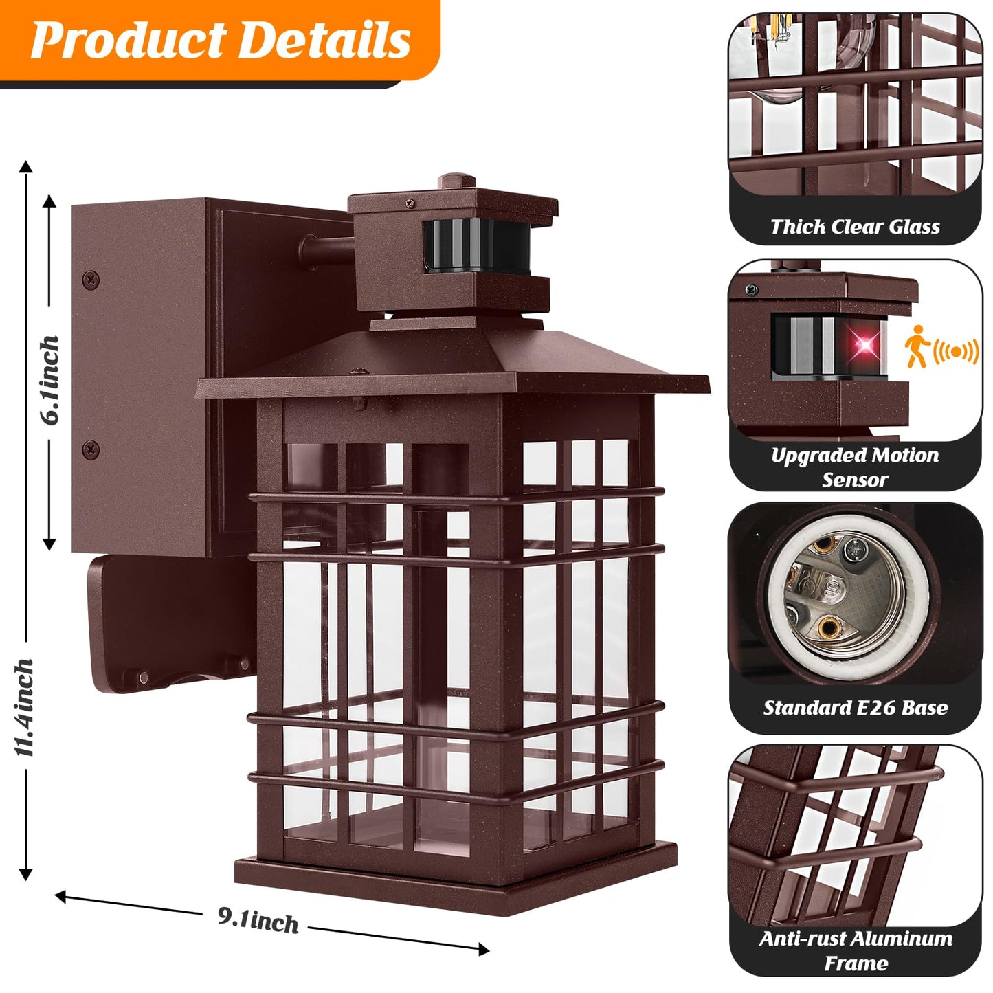2-Pack Porch Light With Gfci Outlets  Brown Motion Sensor Dusk To Dawn Outdoor Wall Light Fixture  Waterproof Outside Wall Lantern Sconce 3 Lighting Modes  Exterior Wall Light For Front Door House