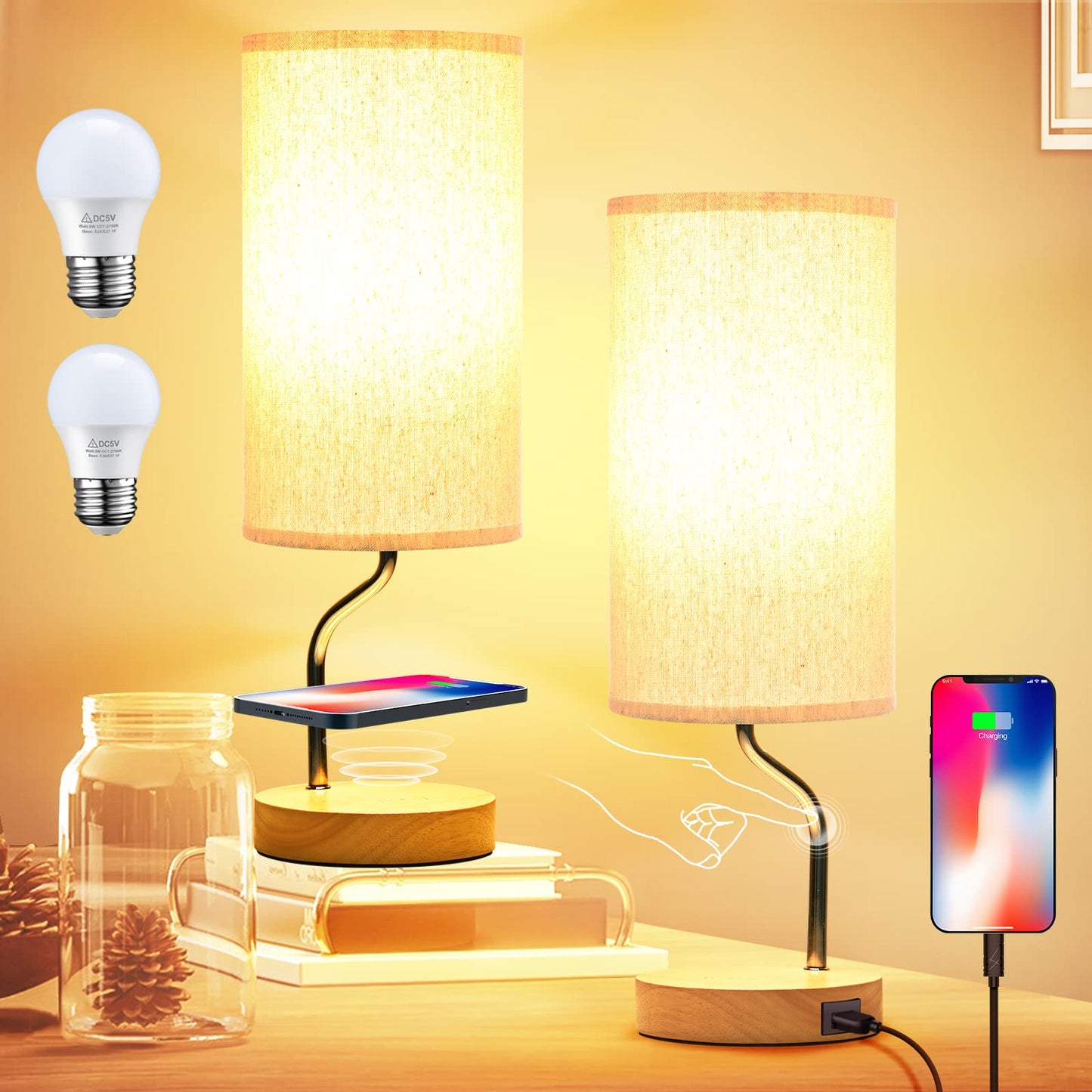 Artoomizz Bedside Table Lamp - Touch Control LED, Wireless Charger & USB Port, Cream, Dimmable, Wooden Nightstand Lamp for Bedroom & Office
