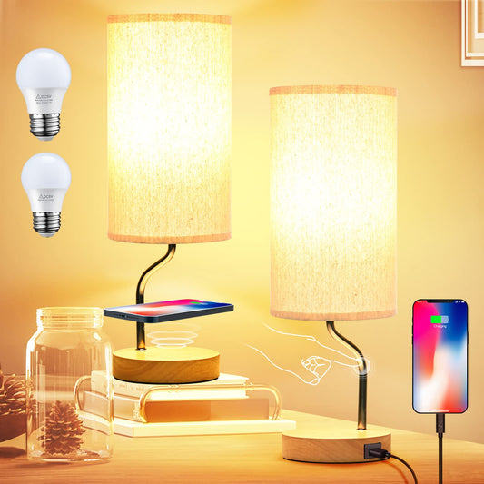 Artoomizz Smart Bedside Table Lamp Set of 2 - Touch Control LED, Dimmable, Wooden, Fabric Shade, Cream
