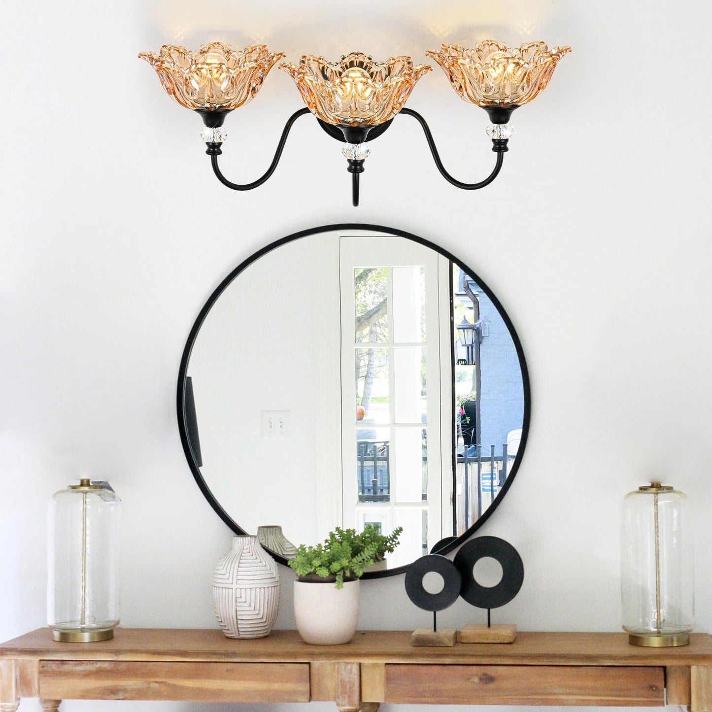 Sunkryster Black Bathroom Vanity Light 3-Light Vanity Light With Floral Amber Glass Shades Vintage Farmhouse Wall Mount Lighting For Bathroom  Dressing Table