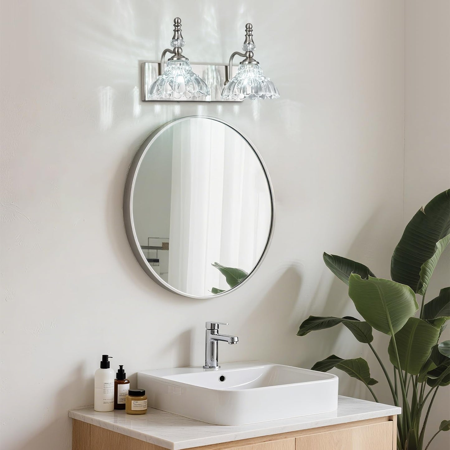 Lbsqj Vintage Bathroom Vanity Light  2-Light Brushed Nickel Vanity Lighting Fixture With Flower Glass Shade  Bathroom Lighting Fixtures Over Mirror