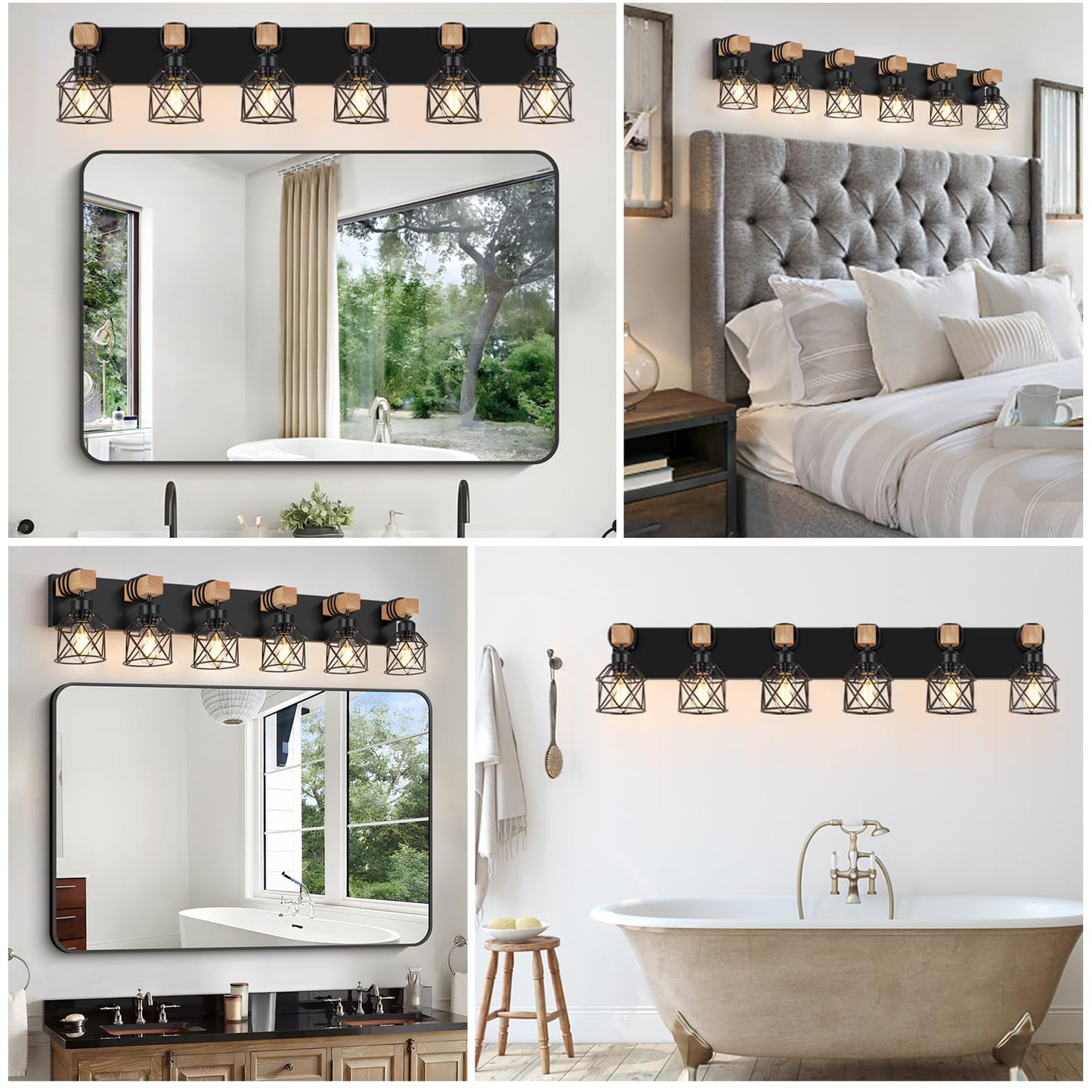 Fadimikoo 6-Light Farmhouse Bathroom Lighting Fixtures  Wood Black Vanity Lights Over Mirror  Rustic Wall Sconces Lighting With Metal Lampshade  Vintage Wall Lights For Bedroom  Living Room  Hallway