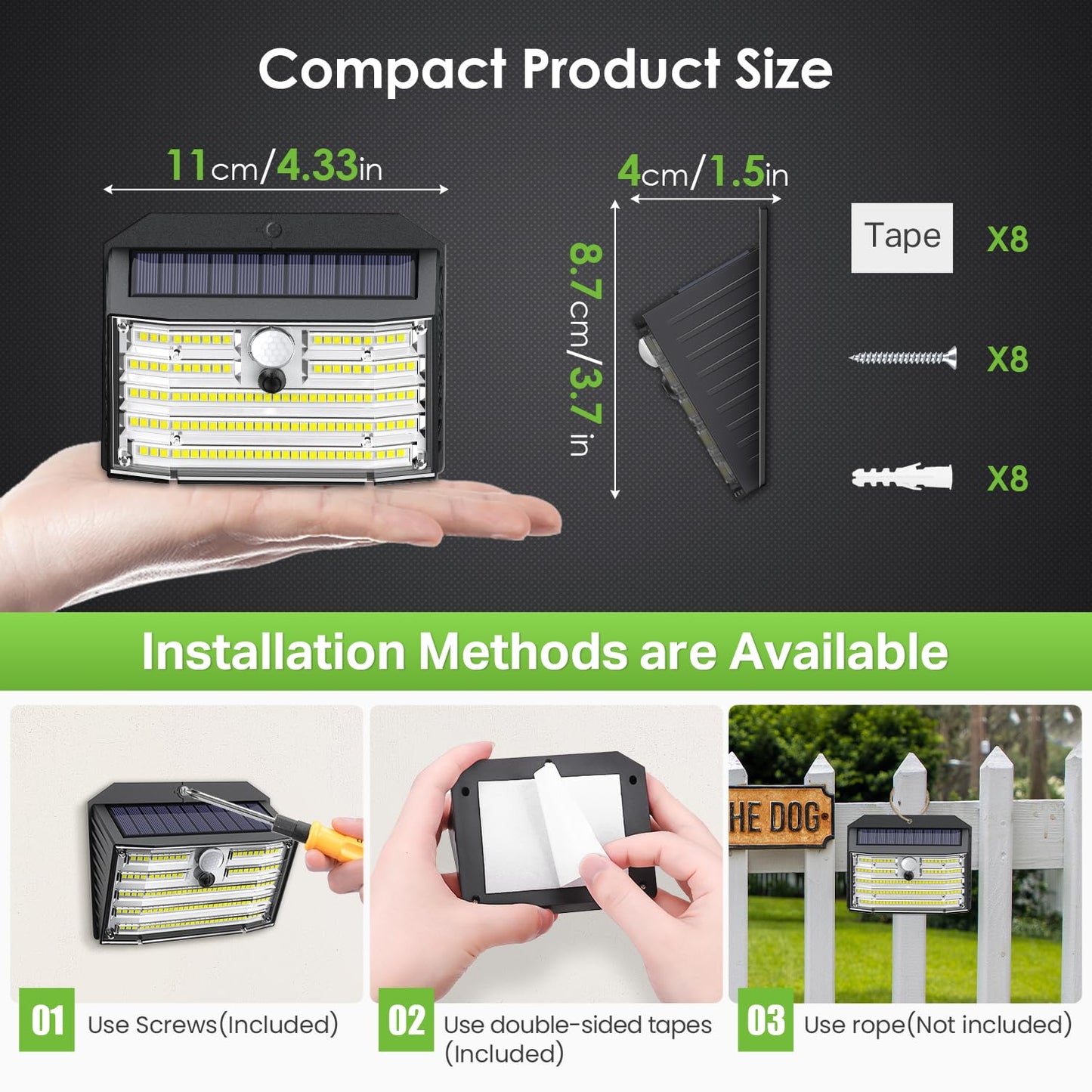 CLAONER Solar Motion Sensor Lights, 126 LED, IP65 Waterproof, 3 Modes, 8 Pack, Cool White, Model SL128AB-US