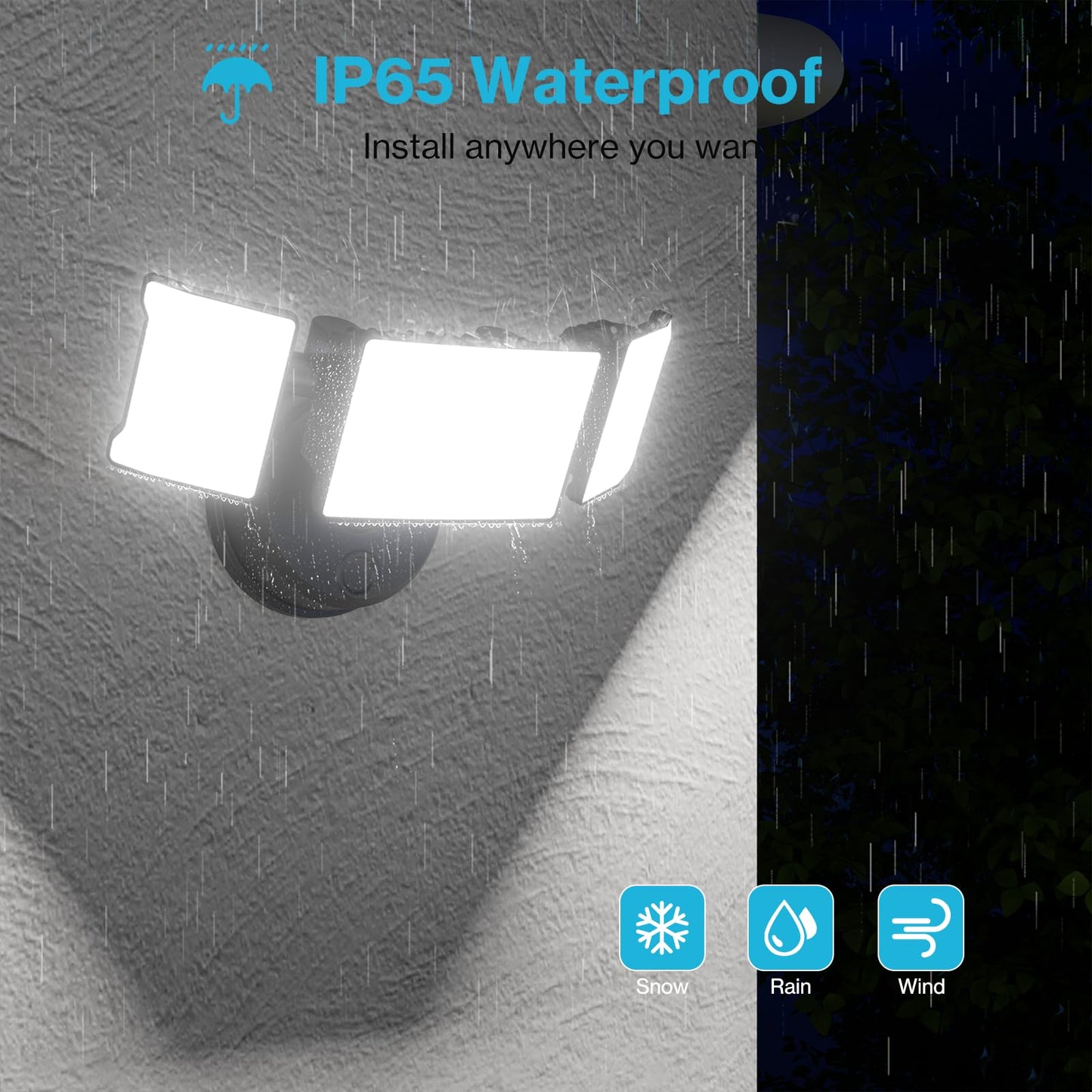 Olafus 60W Flood Lights Outdoor 2 Pack, 6000LM, 6500K, IP65 Waterproof, Black, Model BDB50-3