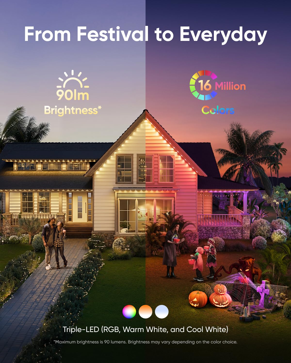 Eufy Permanent Outdoor Lights E22  100Ft With 60 Triple-Led Lights  Smart Rgbww  Daily And Holiday  Up To Ip67 Waterproof  Ai Lighting Themes For Halloween  Christmas  Links With Cameras  Black