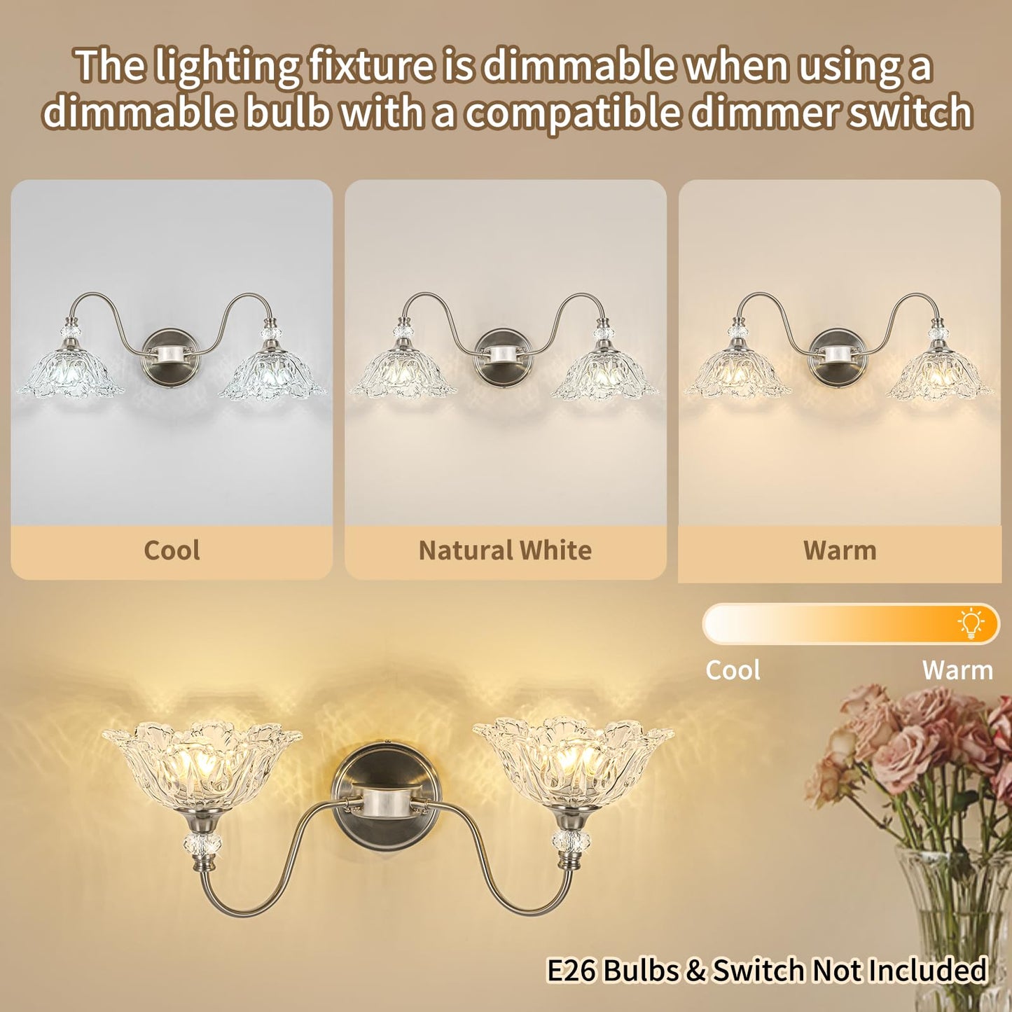 Sunkryster Brushed Nickel Bathroom Vanity Light  2-Light Vanity Light With Floral Clear Glass Shades  Nickel Wall Mount Lighting For Bathroom  Dressing Table