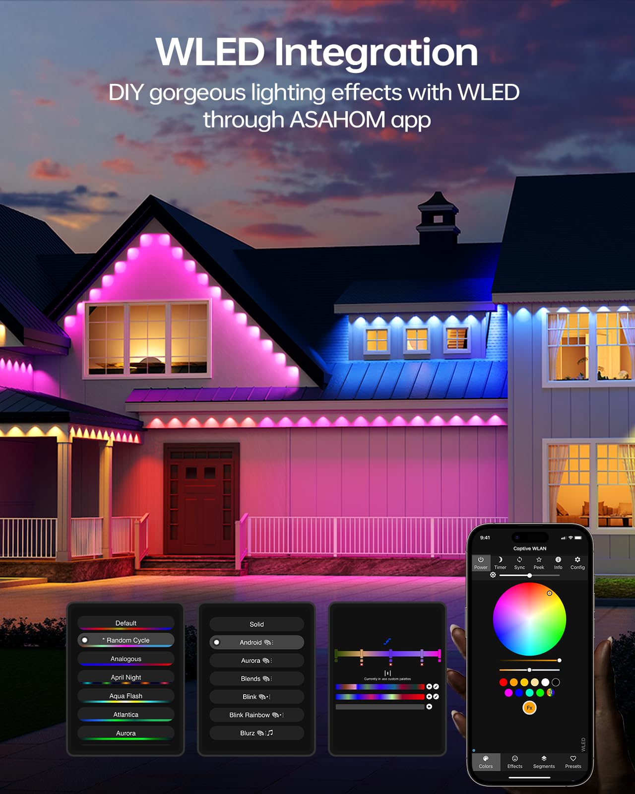 Asahom Permanent Outdoor Lights Pro S108D  200Ft With 144 Rgbcw Leds  Wled Integration  Ai Lighting  30000 Lighting Effect Combination  Ip67 Waterproof For Christmas New Year Daily Decor  Black
