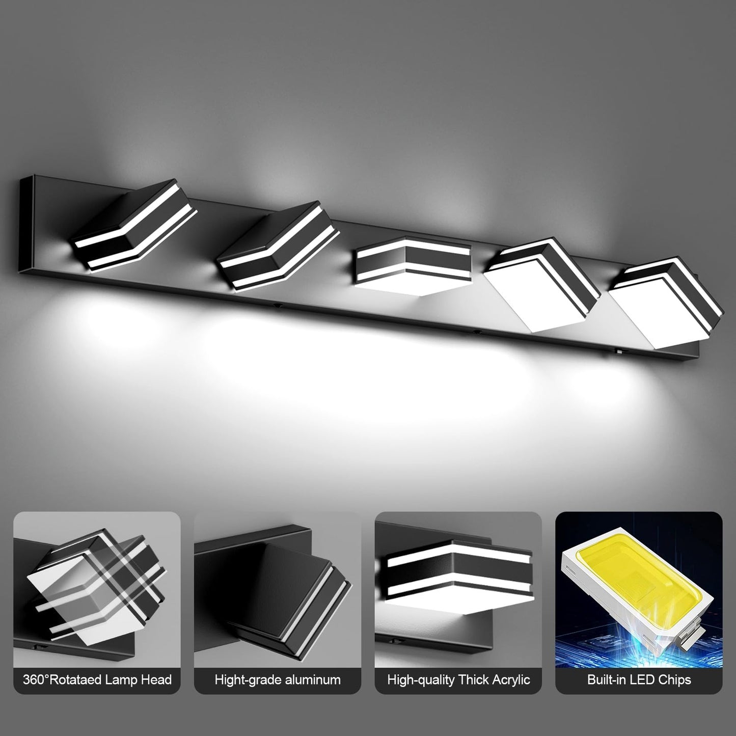 Ralbay 40.5Inch Black Vanity Light With 5 Color Temperatures (3000K-6000K) Dimmable Metal Acrylic Modern Led Matte Black Bathroom Lighting Over Mirror (5-Light)