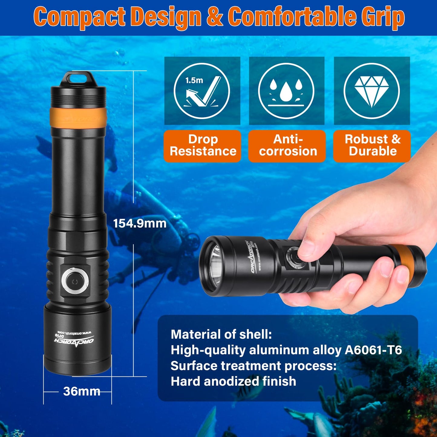 ORCATORCH D710 Scuba Diving Light, 3000 Lumens, IP68 Waterproof, 150m Submersible, Aluminum, Black