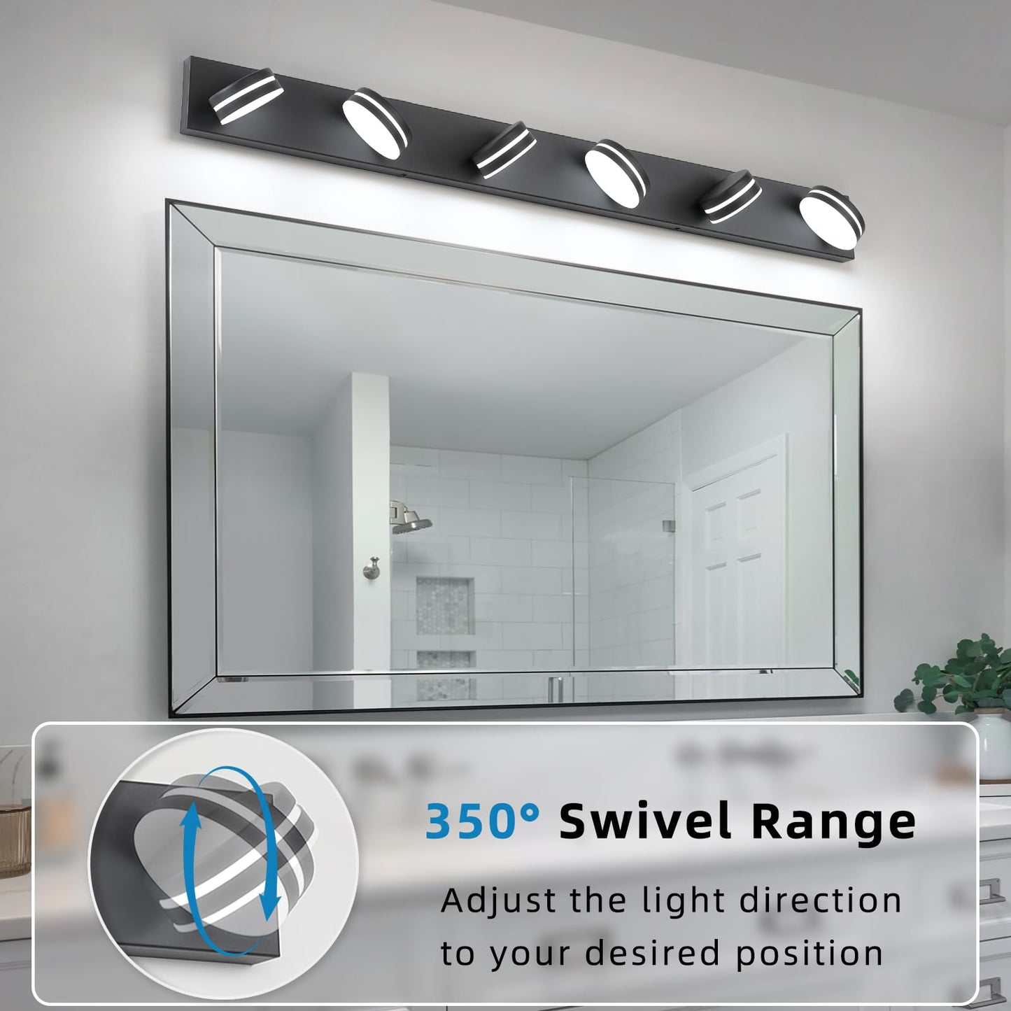 Bicrink 6-Light Bathroom Vanity Light Over Mirror  Matte Black Led Vanity Lighting Fixtures  Modern Bathroom Wall Light Fixtures With 360Rotating Lamp Head (Cool White 5500K) (Black  47Inch)