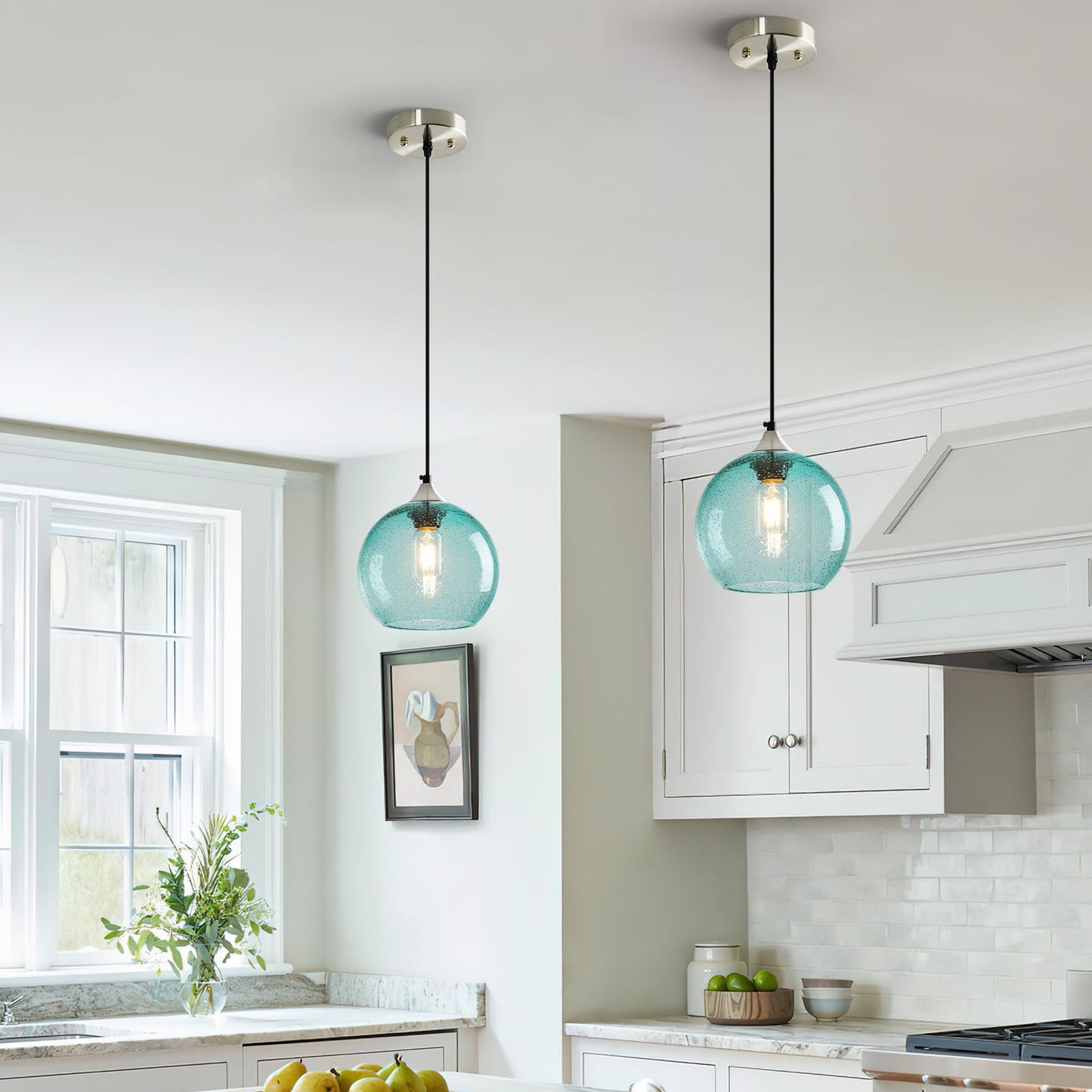 Lbsqj Light Blue Glass Pendant Lights Kitchen Island Lighting Globe Pendant Light Fixtures Modern Pendant Lighting For Bedroom Living Dining Room Light Fixture (7.87 In  3 Pack)