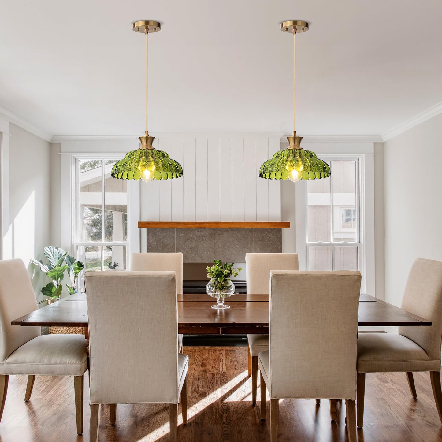 Mgcanyu 2Pack Glass Pendant Lights  11.8 Vintage Lighting Green Glass Light Fixtures Brushed Gold Modern Glass Chandelier Hanging Ceiling For Kitchen Island Dining Room Restaurant Foyer Entryway