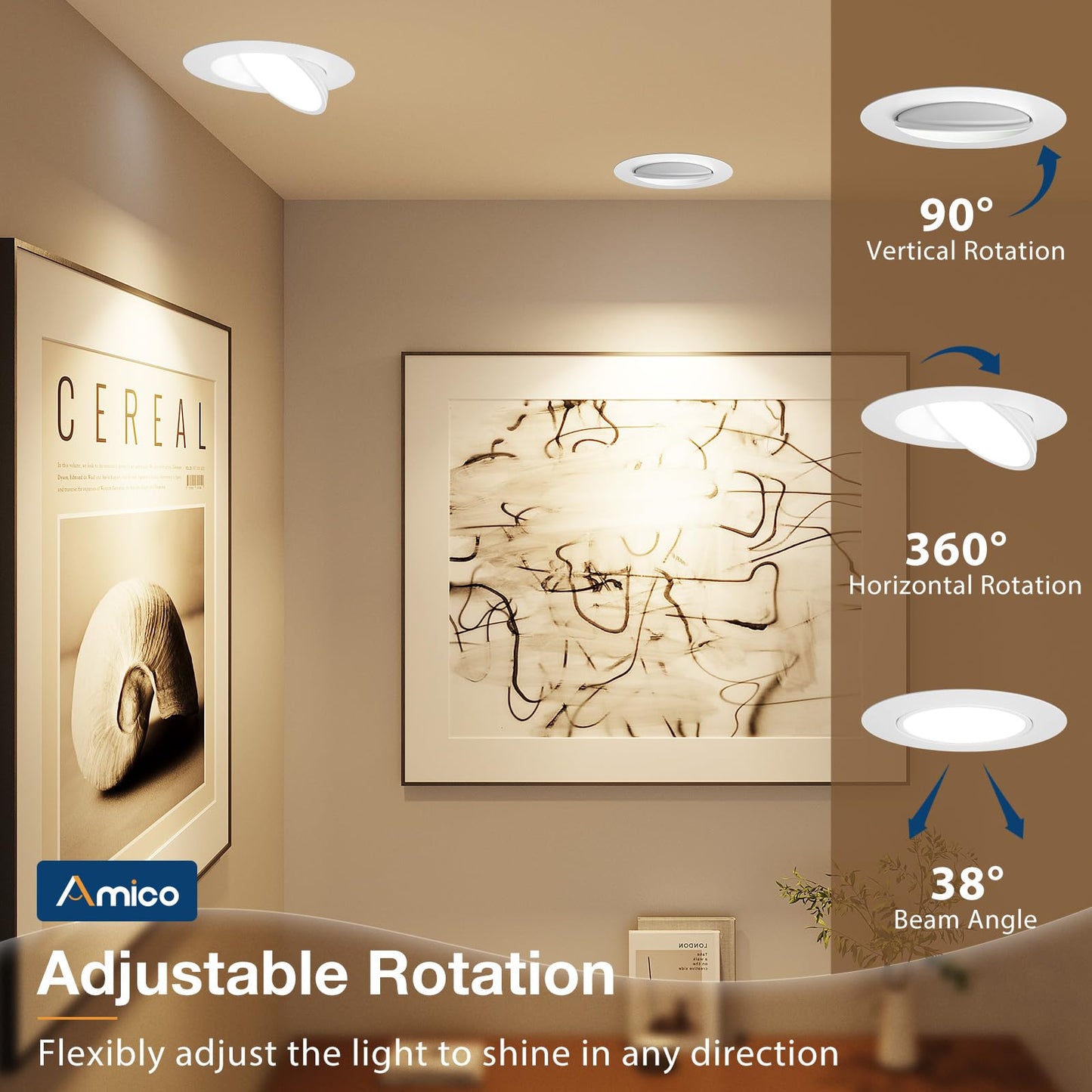 Amico 4 Pack 6 Inch 5Cct Gimbal Led Recessed Lighting  360&90 Adjustable Eyeball Directional Downlight  Dimmable  2700K/3000K/3500K/4000K/5000K Selectable  Cri90+ 12W 1200Lm  Etl&Fcc