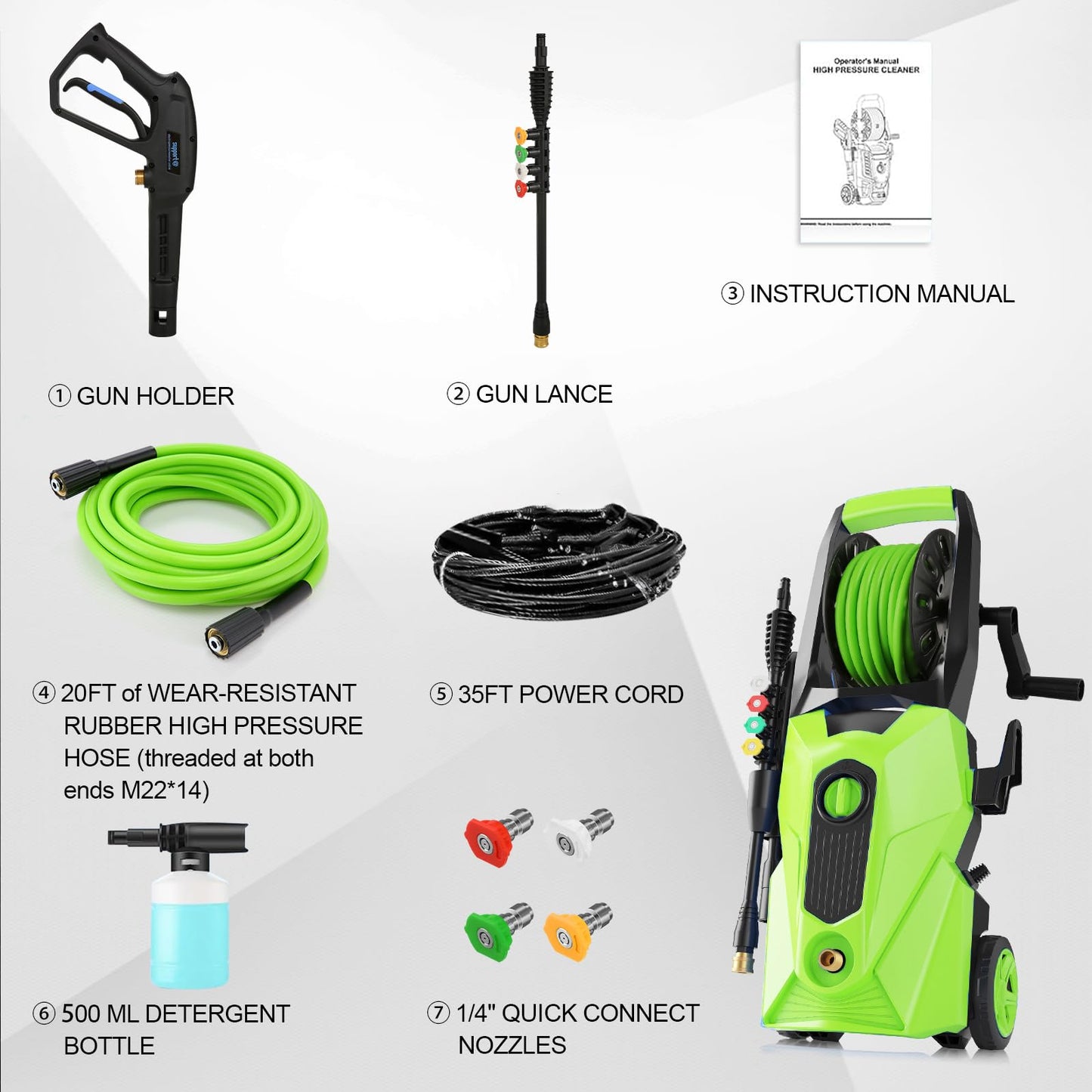 commowner 5000PSI Electric Pressure Washer, 2026 New Power Washer with 33FT Flexible Extension Pressure Washer Hose Reel, 4 Nozzles, Professional Powerwashers for Home/Car(Green)