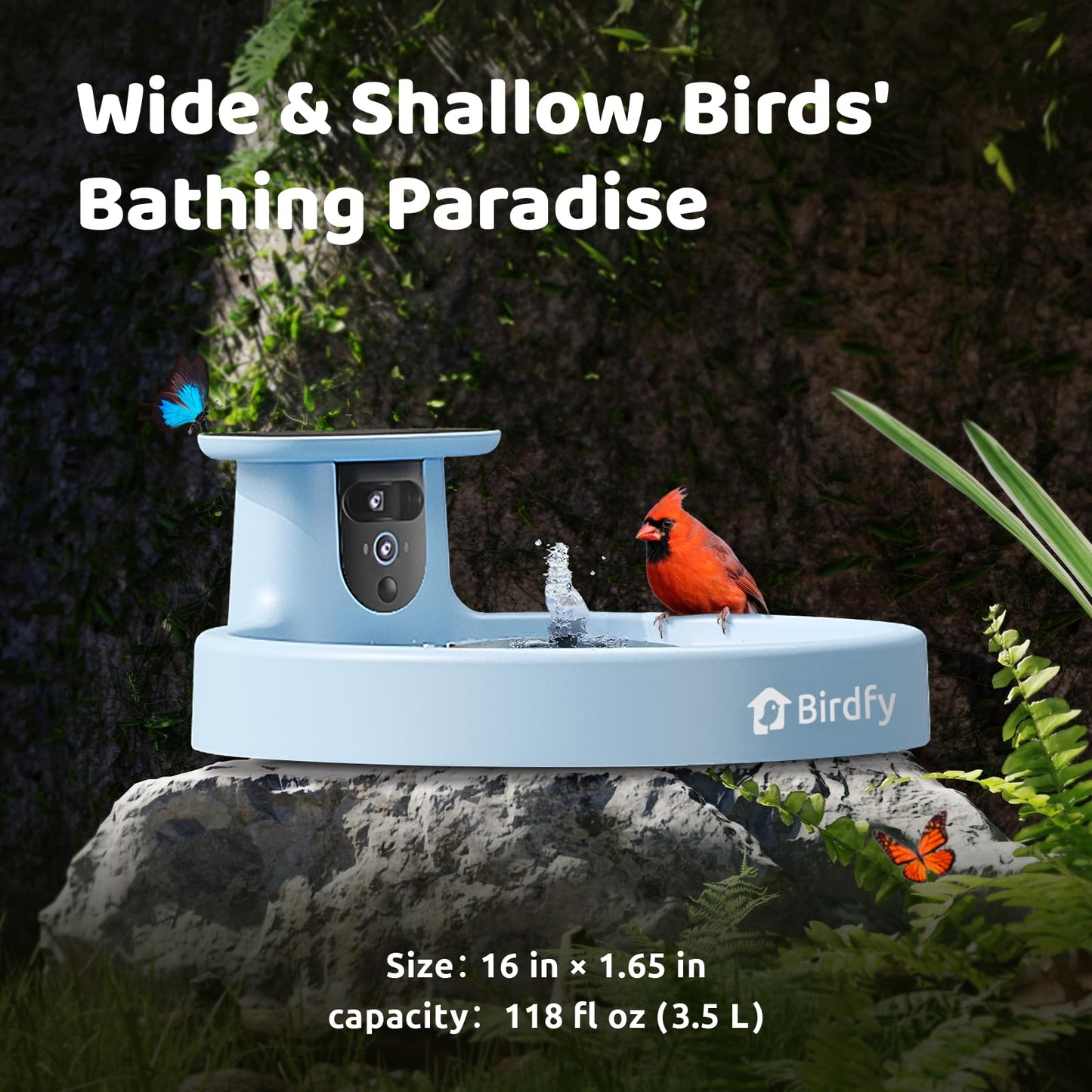 Birdfy Smart Bird Bath with Camera Solar Powered & Fountain, Dual-Lens Camera for Wildbird Watching, Auto Capture Bird Videos & Motion Detection - AI by Subscription (Blue)