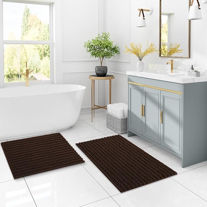 Arotive Luxury Chenille Bathroom Rug Mat, Extra Soft Thick Absorbent Shaggy Bath Rugs, Non-Slip Machine Wash Dry, Plush Bath Mats for Bathroom, Shower and Tub, 44x32, Brown