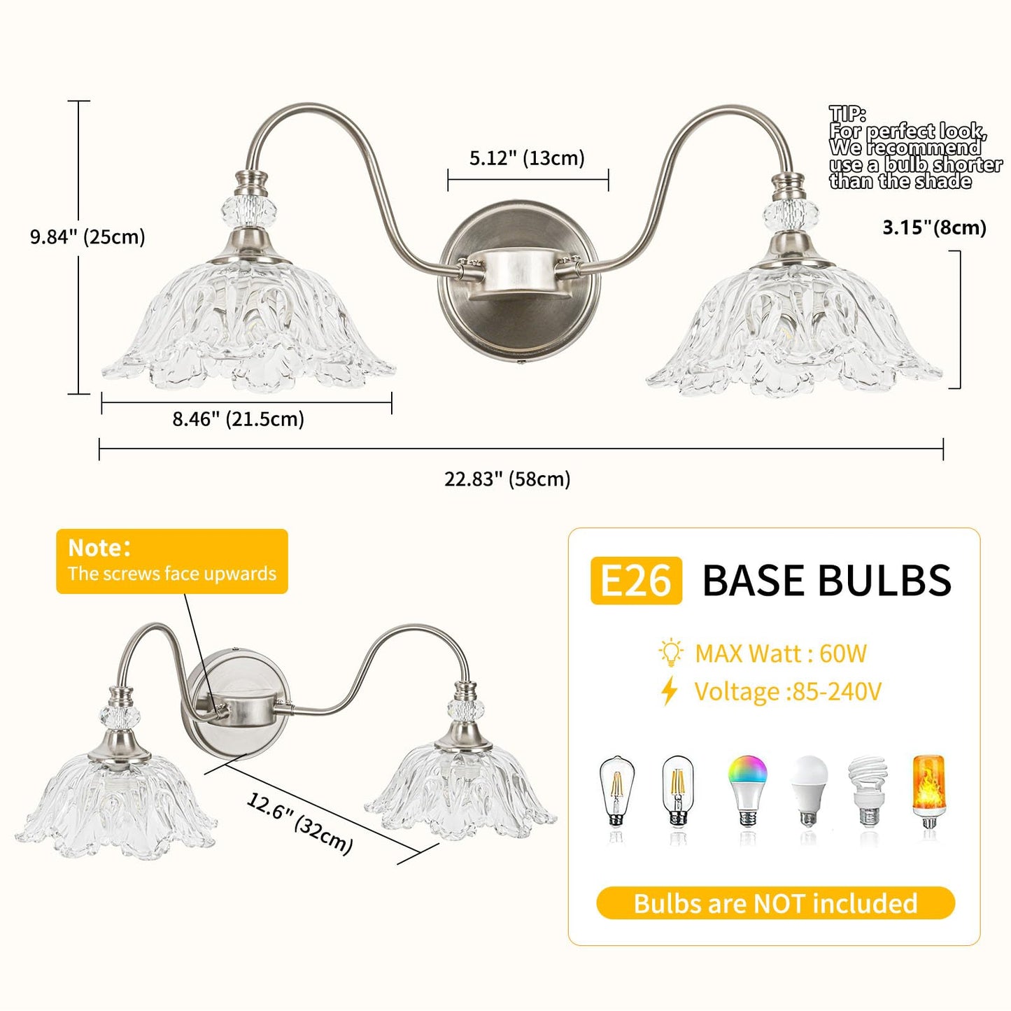 Sunkryster Brushed Nickel Bathroom Vanity Light  2-Light Vanity Light With Floral Clear Glass Shades  Nickel Wall Mount Lighting For Bathroom  Dressing Table