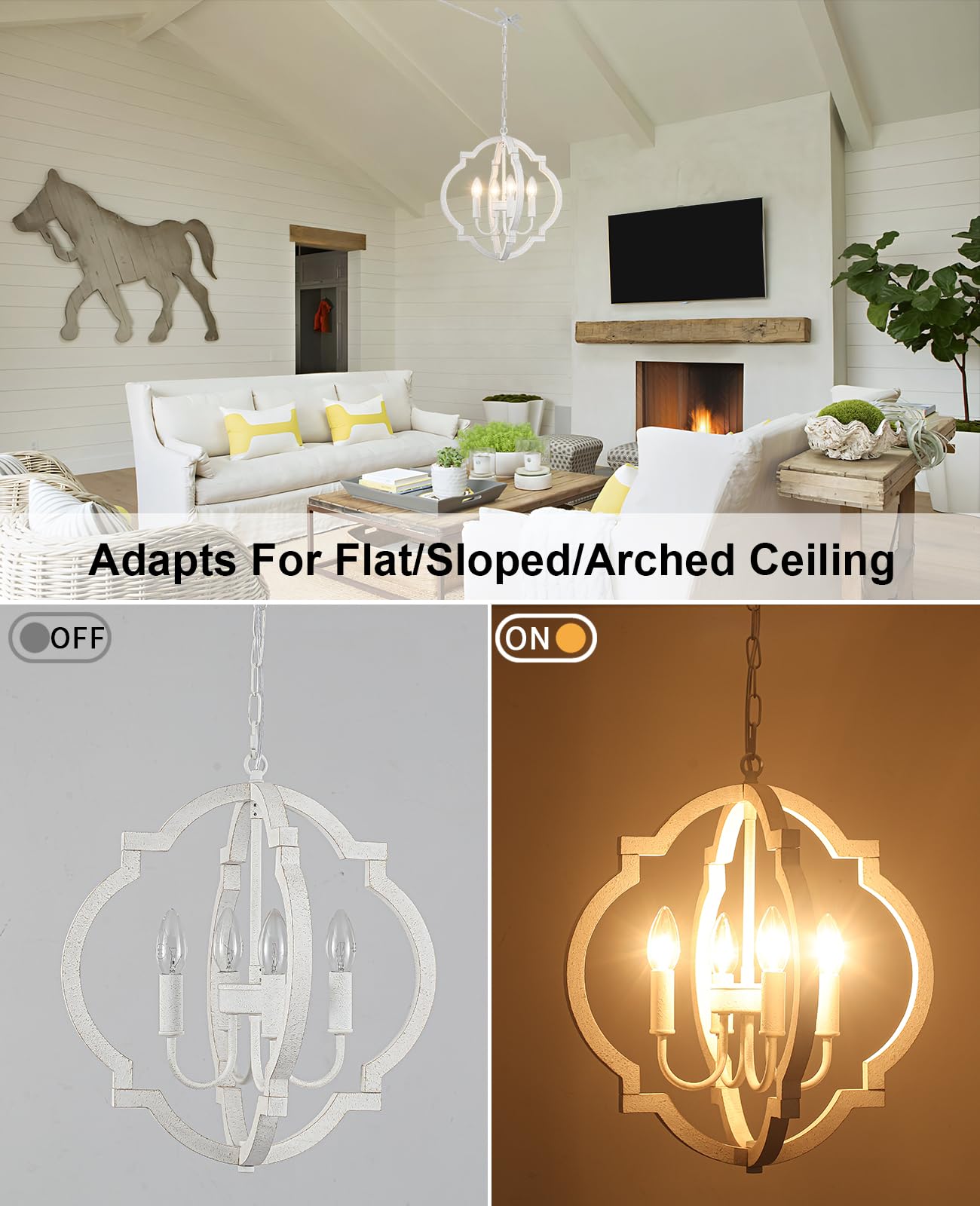 Lasenchoo Plug In White Farmhouse Chandelier Lighting With Long Cord  4-Light Hanging Light Fixture Plug In Pendant Light For Ceiling  Wood Rustic Geometric Chandeliers For Dining Room Gazebo Outdoor