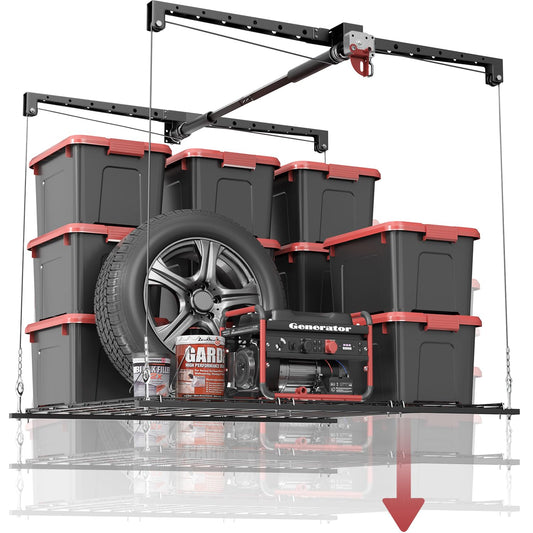 Overhead Garage Storage Rack for 12–14 FT Ceiling, Heavy-duty 4x4 FT Ceiling Storage Racks with Safety Lock, Ideal for Garage Storage Mounted Lift System and Storage Organizer, 250lbs Capacity