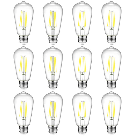 Ascher Vintage LED Edison Bulbs, 6W Equivalent, Daylight 5000K, Clear Glass, Pack of 12