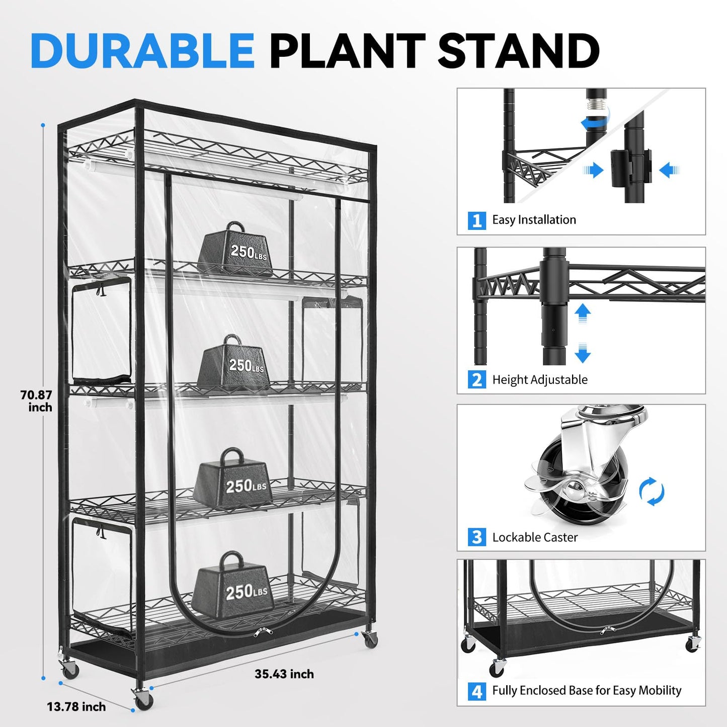 Jesled Indoor Greenhouse With Grow Light  3Ft Full Spectrum 5000K Led Light For Seed Starting  Tiered Lighting Control  Built-In Timer & Thermo-Hygrometer  Rolling Metal Plant Stand (35.4X13.8X70In)