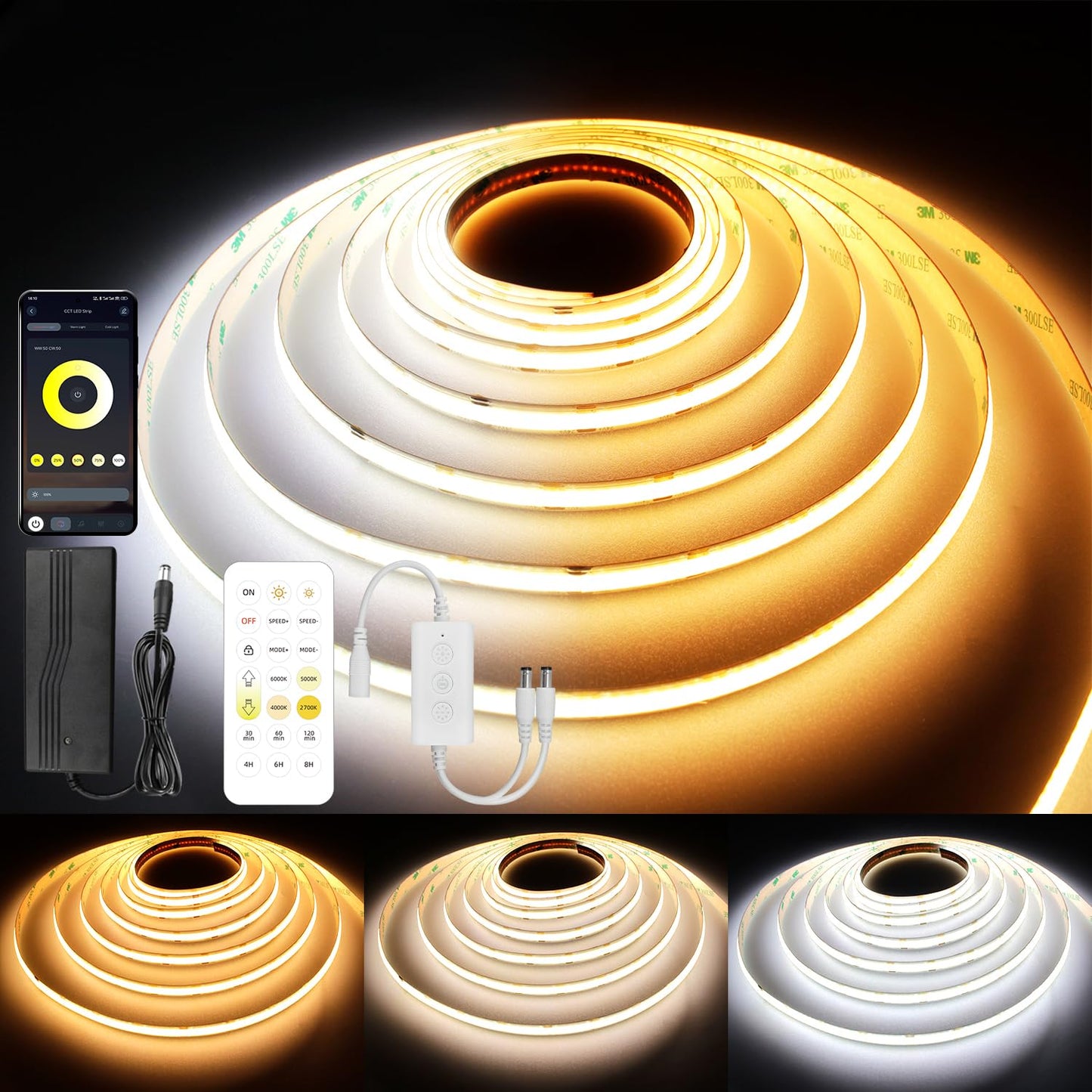 Cct Cob Led Strip Lights  49Ft Dimmable 2700K-6500K 24V Tunable White Led Light Strip Kit  High Density Cri 90+ Led Strips With Remote Controller And Power Supply  For Bedroom Kitchen Home Lighting