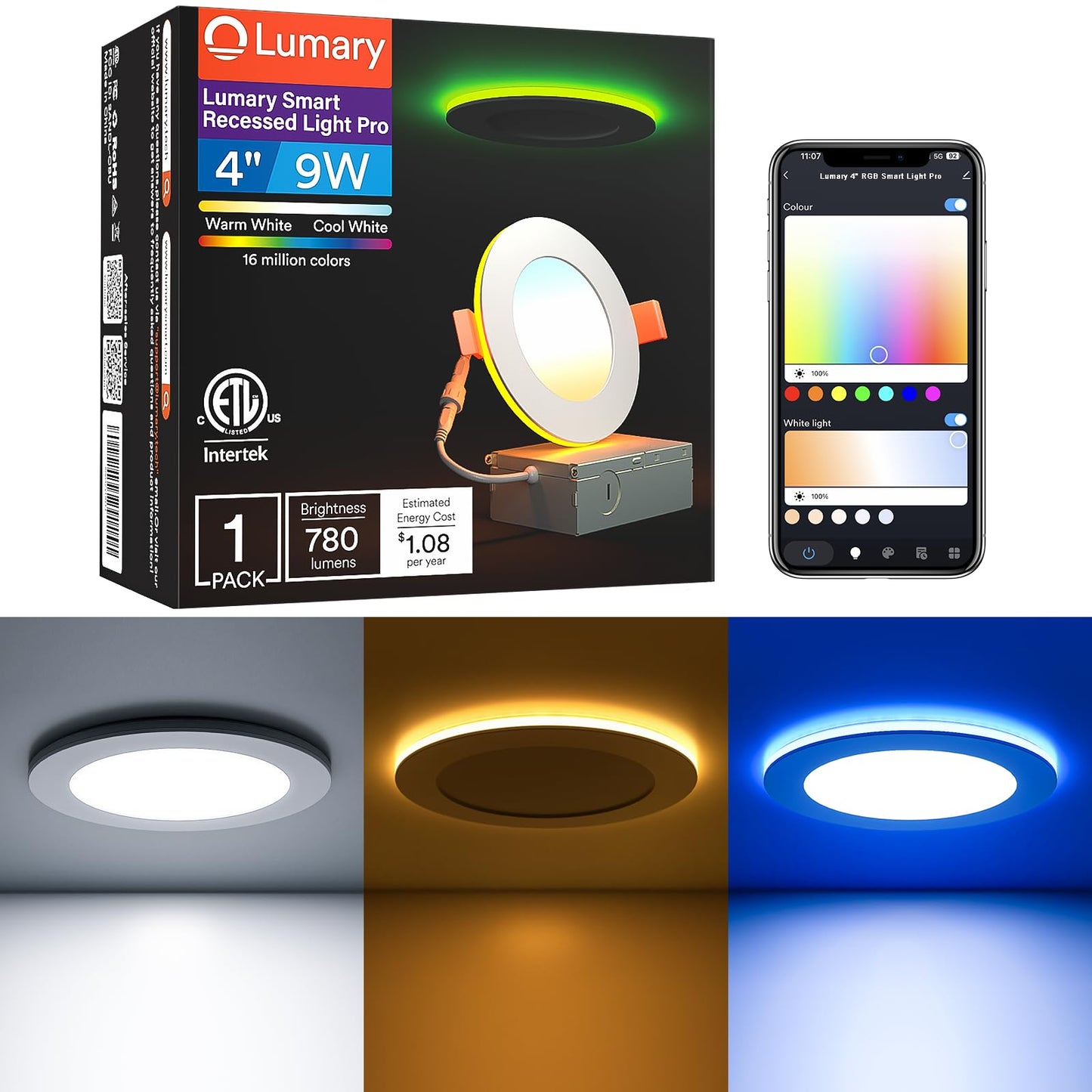 Lumary Smart Recessed Light Pro 4 Inch With Rgb/Night Ring  9W Smart Led Recessed Lighting  Compatible With Alexa & Google Assistant With Junction Box  Etl Listed 1 Pack