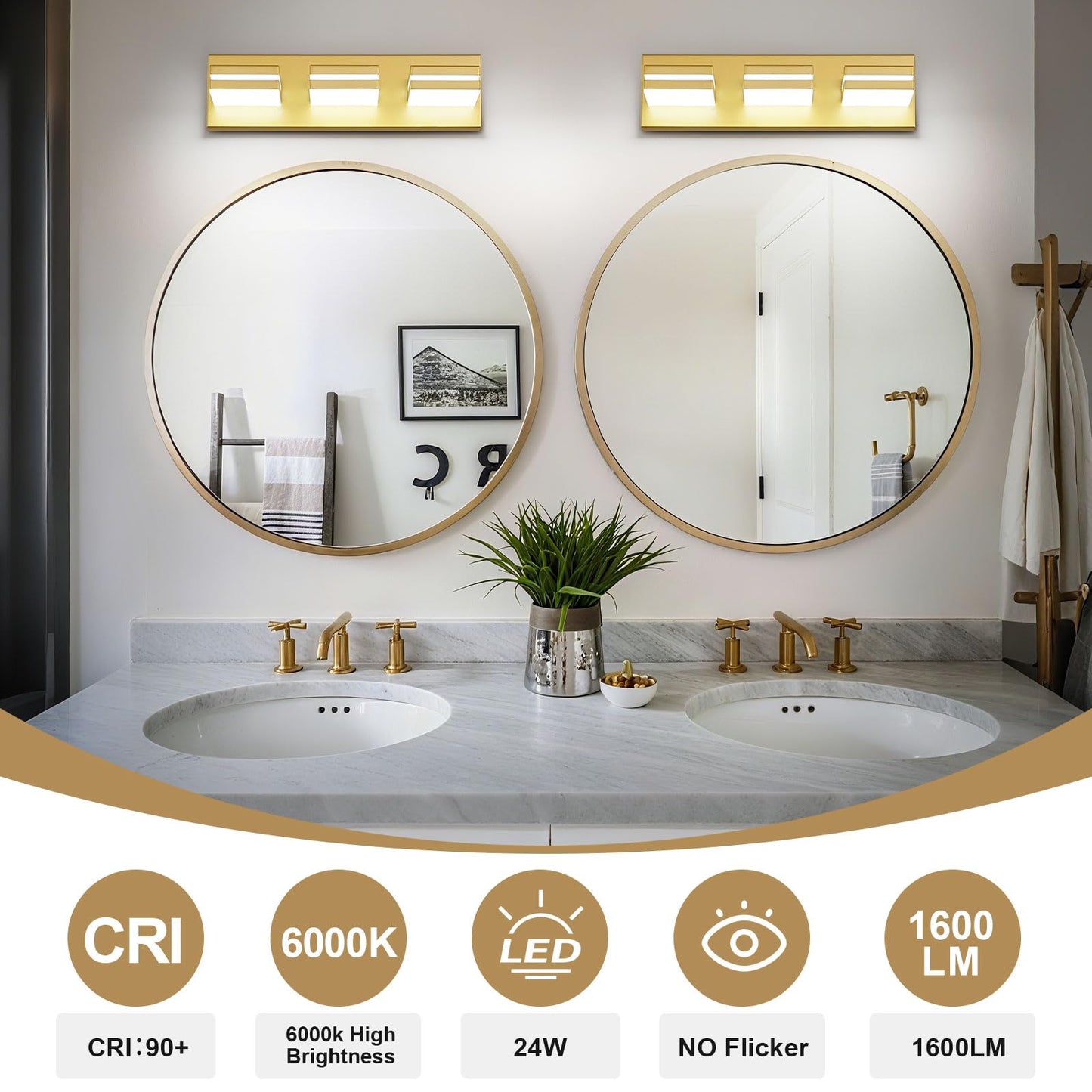 Jzekvn Modern Led Bathroom Lights Fixtures(3-Light) Metal Gold Acrylic Wall Lighting Vanity Lights For Bathroom Over Mirror 6000K 16In