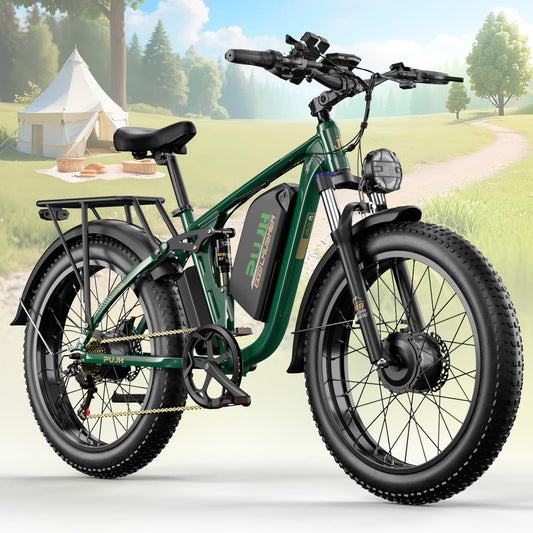 PUJH 6000W Dual Motors Electric Bike for Adults,60V 20Ah 26" Fat Tire Ebike,45 mph up to 100 Miles Full Suspension Class 3 Electric Bicycle for Snow Off Road Mountain Hunting Commuter