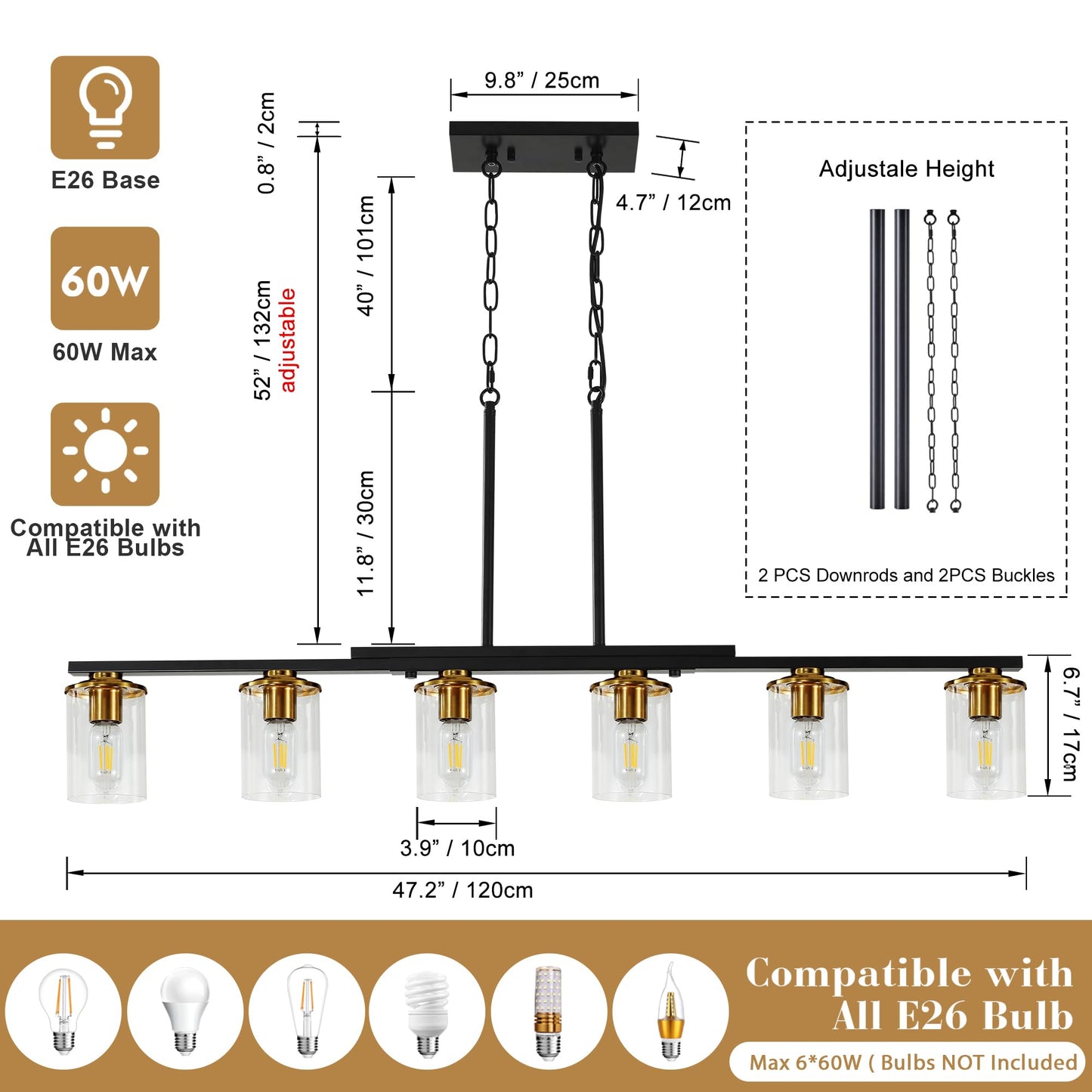 Xvmbvm 6-Light Kitchen Island Lighting Dining Room Lights Modern Farmhouse Chandelier With Clear Glass Shade Modern Rustic Black And Gold Metal Chandelier  Kitchen Pendant Light Fixtures Over Table