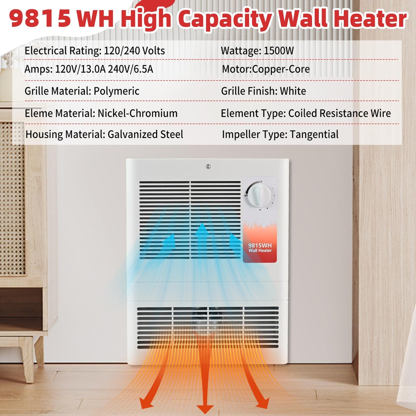 9815WH Large Capacity Electric Wall Heater, High Capacity Wall Heater with Built-In Adjustable Thermostat and Silent Motor, 1500 W, 120/240 V, Overheat Protection